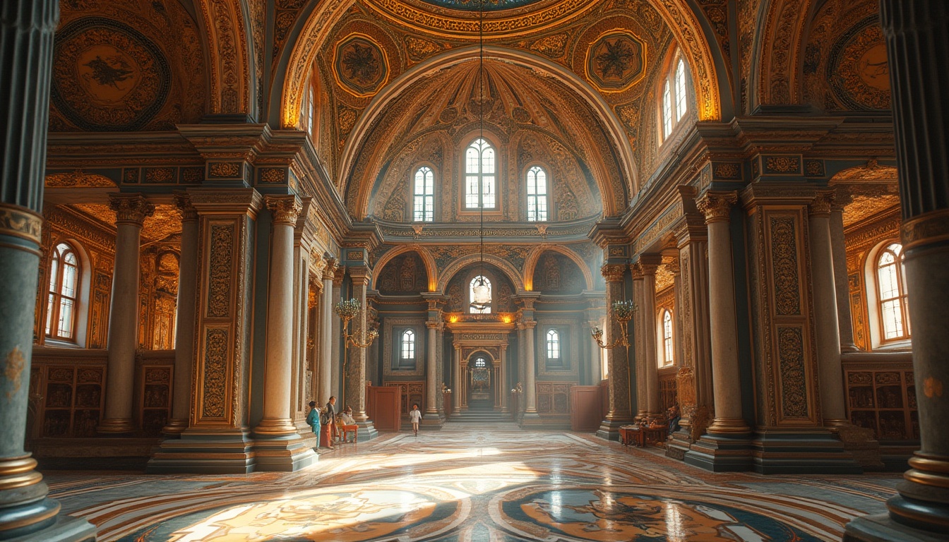 Prompt: Intricate mosaics, golden tesserae, ornate patterns, Byzantine architecture, ornamental domes, grand interior spaces, lavish decorations, rich textures, vibrant colors, glass tiles, marble floors, intricate geometric designs, Christian iconography, symbolic imagery, majestic atmosphere, soft warm lighting, high contrast ratio, detailed close-ups, shallow depth of field.