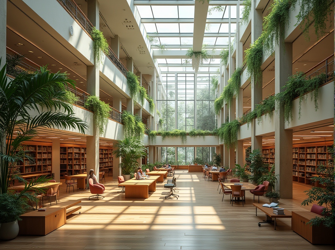 Prompt: \Spacious library atrium, high ceilings, clerestory windows, natural light diffusion, breathable materials, green walls, living roofs, vertical gardens, eco-friendly furniture, reading nooks, comfortable seating areas, quiet study zones, bookshelves, wooden flooring, minimalist decor, soft warm lighting, shallow depth of field, 3/4 composition, panoramic view, realistic textures, ambient occlusion.\