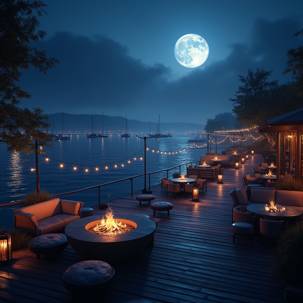 Prompt: Luminous lakefront nightclub, moonlit dock, rippling water reflections, sailboat silhouettes, misty evening atmosphere, string lights, lanterns, fire pit seating areas, wooden deck flooring, modern minimalist furniture, ambient electronic music, dim blue lighting, shallow depth of field, 1/1 composition, realistic water textures, vibrant nightlife ambiance.