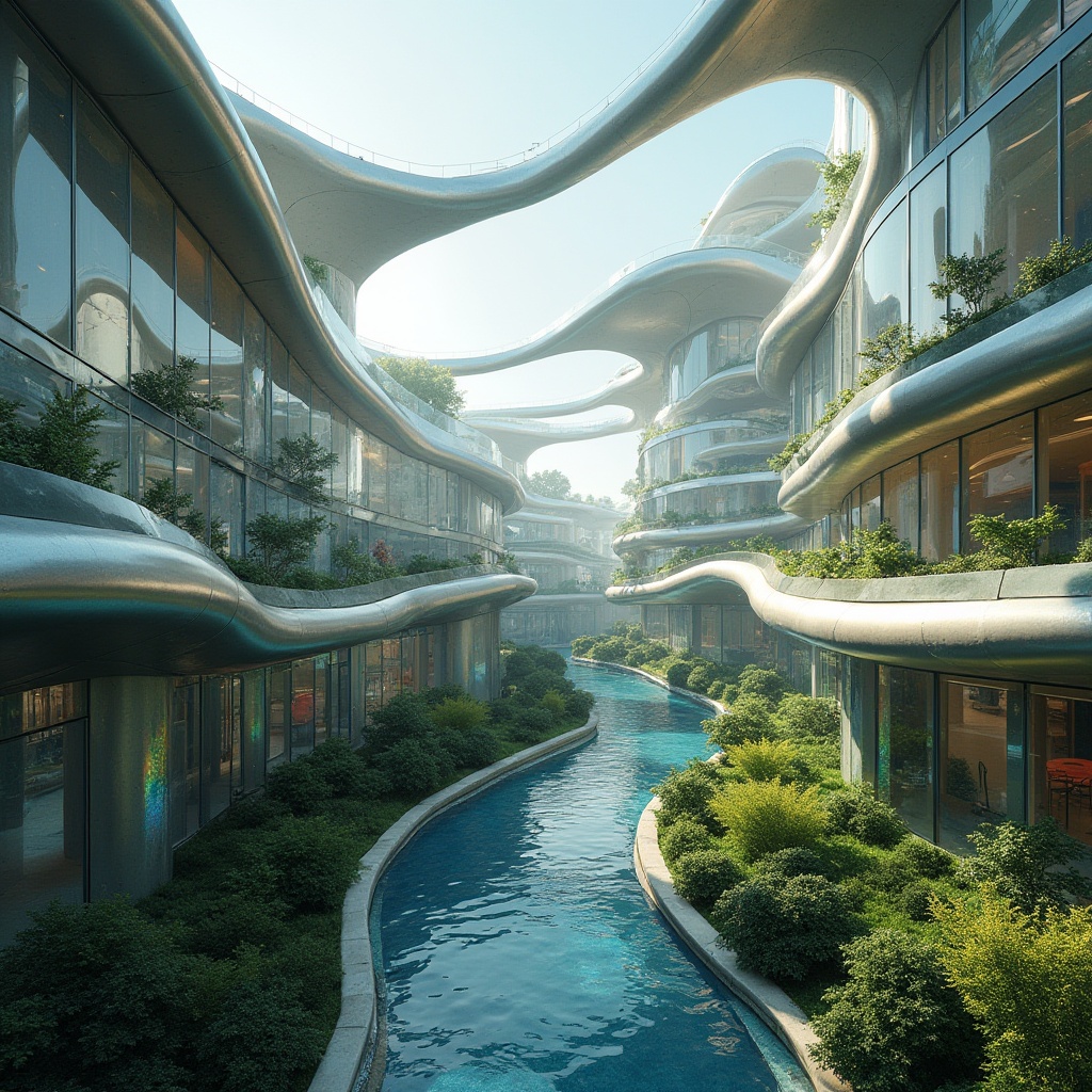 Prompt: Undulating curves, flowing arches, sinuous lines, futuristic buildings, gleaming metallic surfaces, iridescent glass fa\u00e7ades, organic shapes, biomimetic design, sustainable materials, eco-friendly construction, verdant roofs, lush green walls, vibrant colorful accents, dynamic lighting effects, dramatic shadows, 3/4 composition, atmospheric perspective, cinematic views, photorealistic rendering.