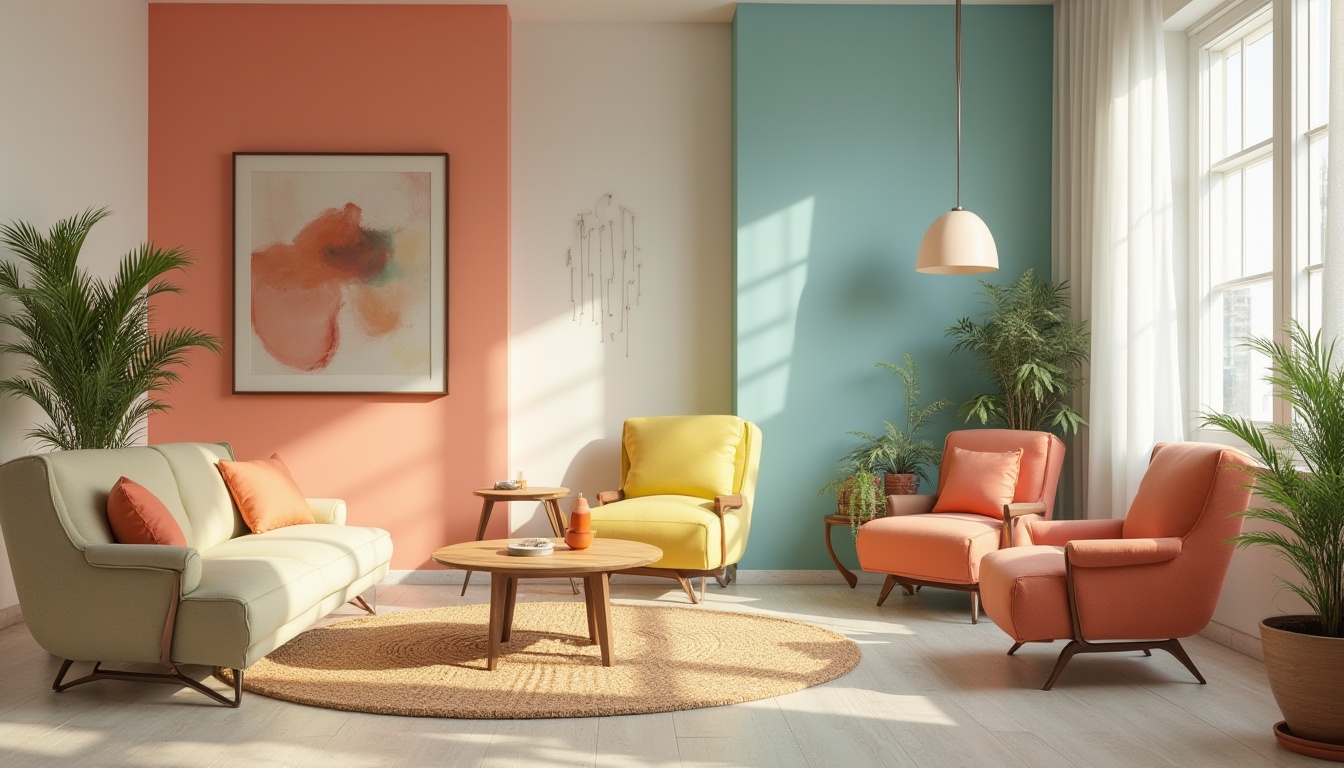 Prompt: Vibrant modern interior, eclectic furniture pieces, bold accent walls, pastel color schemes, creamy whites, rich wood tones, metallic accents, soft natural light, warm cozy atmosphere, 3/4 composition, shallow depth of field, realistic textures, ambient occlusion.