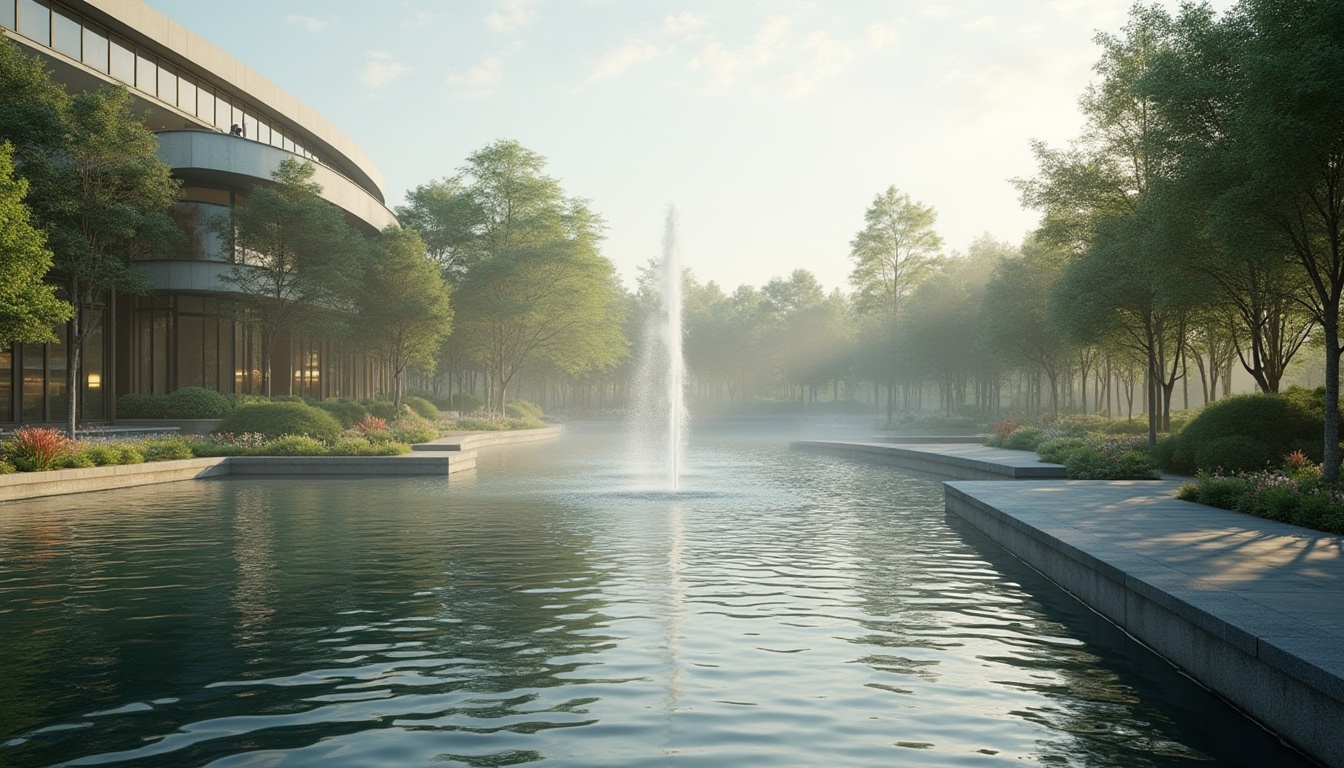 Prompt: Soothing water fountain, serene lake, gentle ripples, lush greenery, vibrant flowers, modern architecture, sleek glass buildings, curved lines, minimalist design, tranquil ambiance, soft warm lighting, shallow depth of field, 3/4 composition, panoramic view, realistic textures, ambient occlusion, calm atmosphere, peaceful surroundings, natural stone walkways, rustic wooden bridges, subtle water sounds, misty morning, gentle breeze.