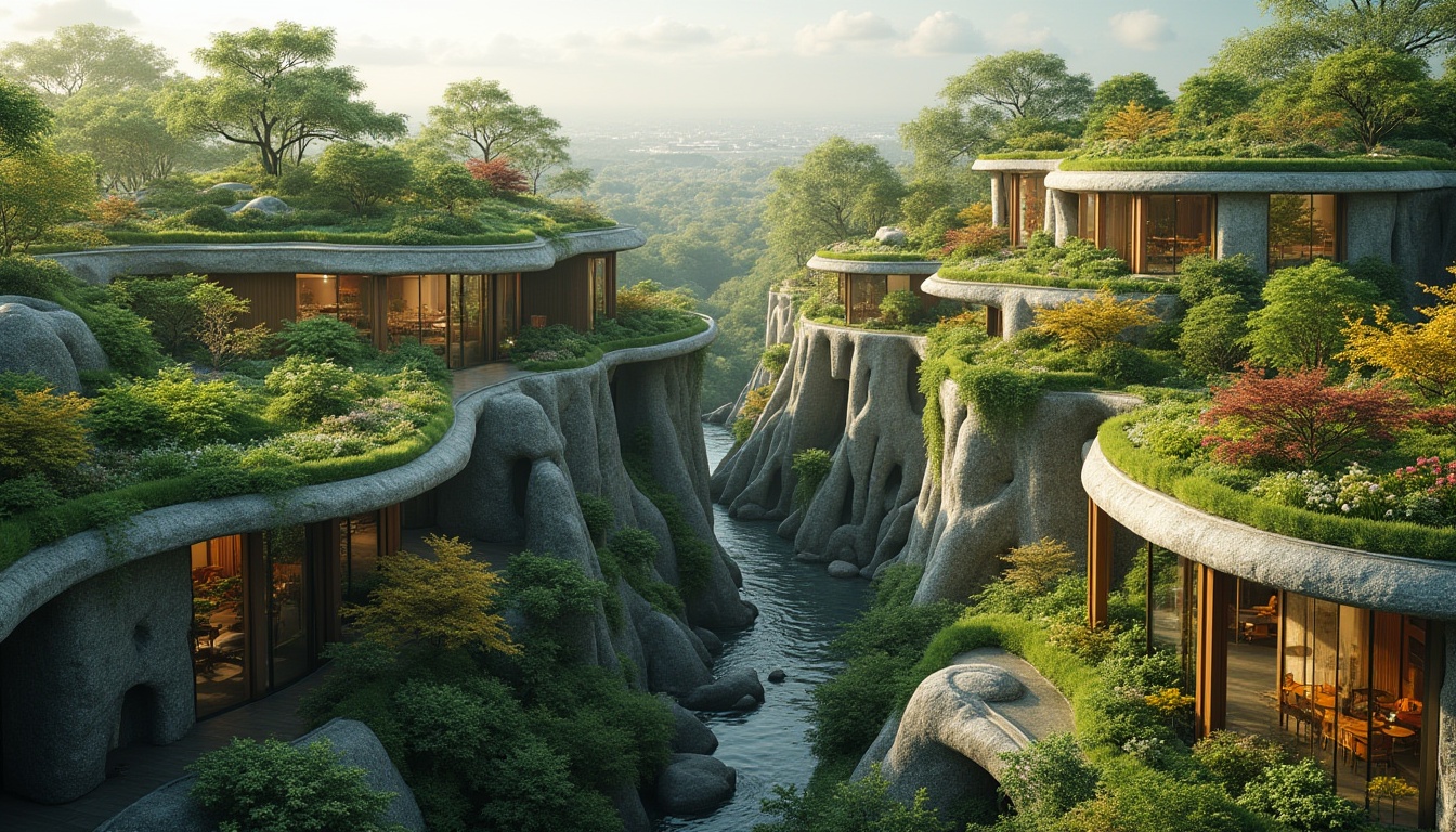 Prompt: Harmonious building integration, lush green roofs, verdant walls, natural stone facades, curved lines, organic shapes, blending boundaries, seamless transitions, panoramic views, elevated walkways, meandering paths, native plant species, seasonal foliage changes, soft warm lighting, shallow depth of field, 3/4 composition, realistic textures, ambient occlusion, modern sustainable architecture, eco-friendly materials, innovative water management systems.