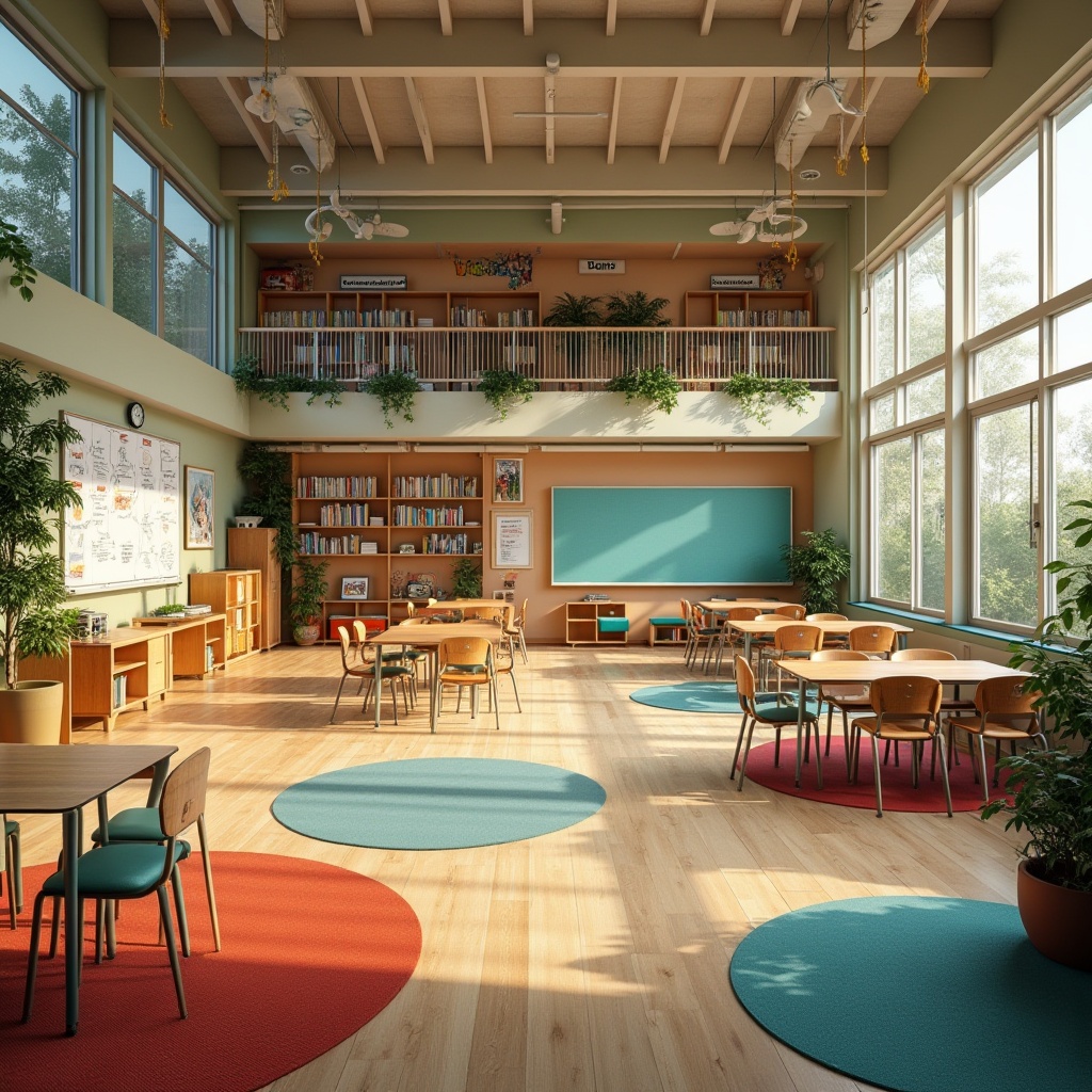 Prompt: Vibrant school interior, collaborative learning zones, flexible seating arrangements, natural wood accents, abundant daylight, soft warm lighting, colorful rugs, inspirational quotes, interactive whiteboards, modular furniture, cozy reading nooks, green walls, living plants, open shelving, minimalist decor, modern architecture, large windows, sliding glass doors, communal tables, creative artwork displays, dynamic spatial layouts, 1/1 composition, shallow depth of field, realistic textures.