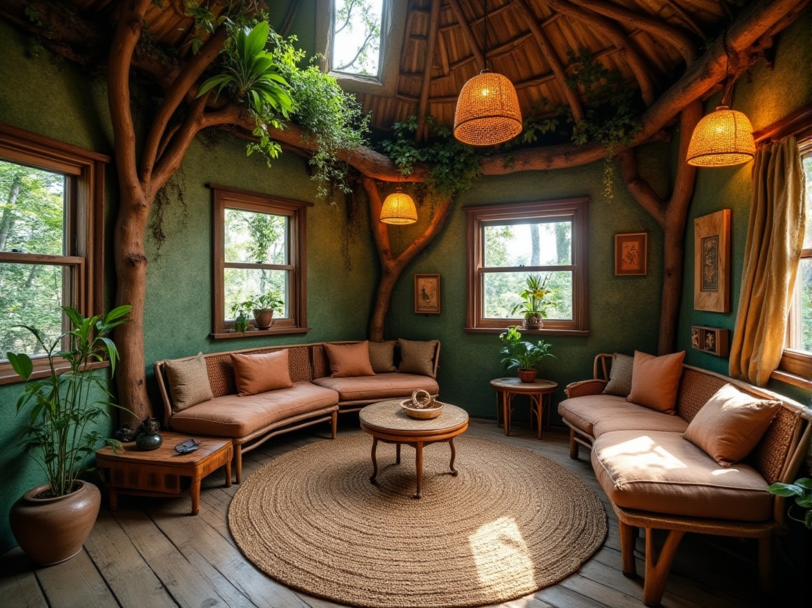 Prompt: Whimsical treehouse, reclaimed wood accents, earthy stonework, living green walls, rustic metal frames, eclectic mix of materials, natural textiles, woven wicker furniture, rattan pendant lights, distressed wooden floors, vintage decorative items, bohemian-inspired color palette, warm cozy ambiance, soft diffused lighting, shallow depth of field, 1/1 composition, intimate atmosphere, organic shapes, earthy color tones.