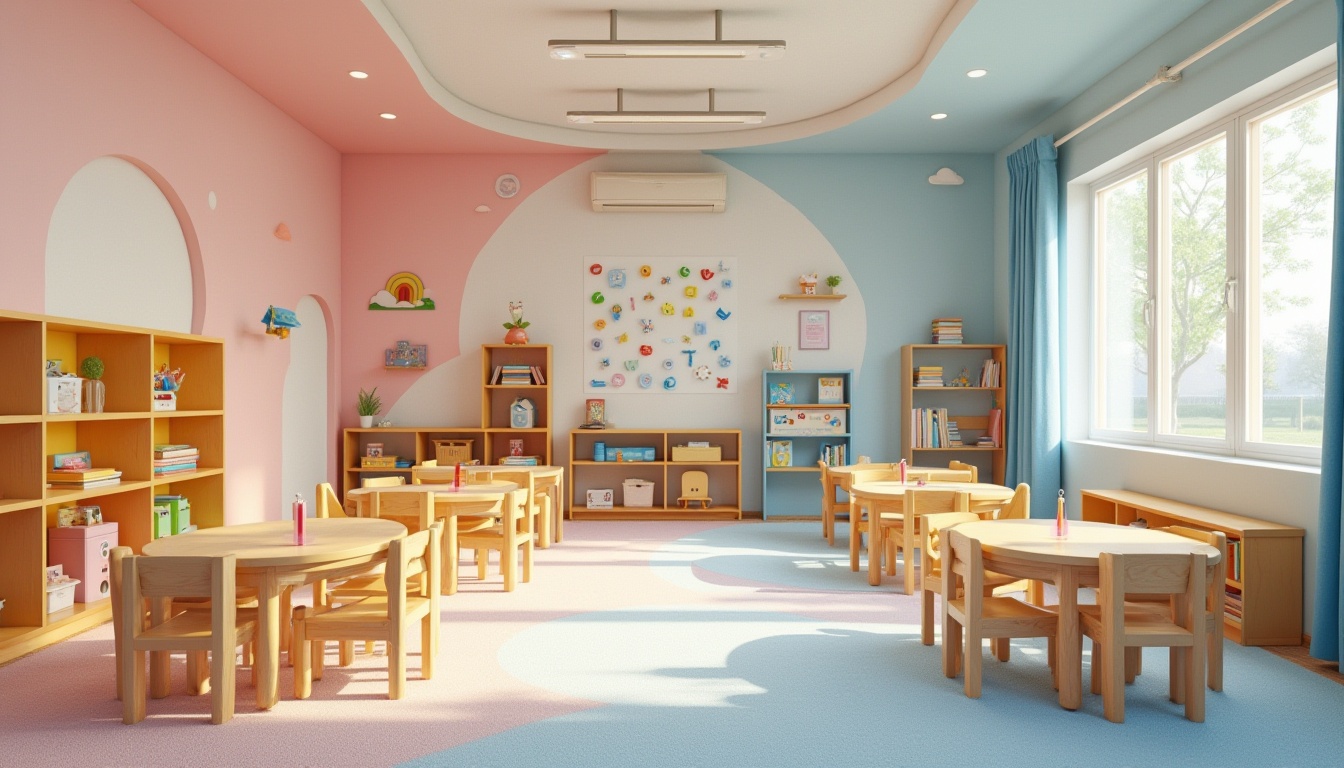 Prompt: Vibrant kindergarten building, playful color scheme, pastel hues, soft pink walls, calming blue accents, warm yellow classrooms, natural wood furniture, rounded corners, whimsical murals, alphabet decorations, educational signage, cozy reading nooks, plush carpets, stimulating lighting, shallow depth of field, 1/1 composition, gentle shadows, ambient occlusion.