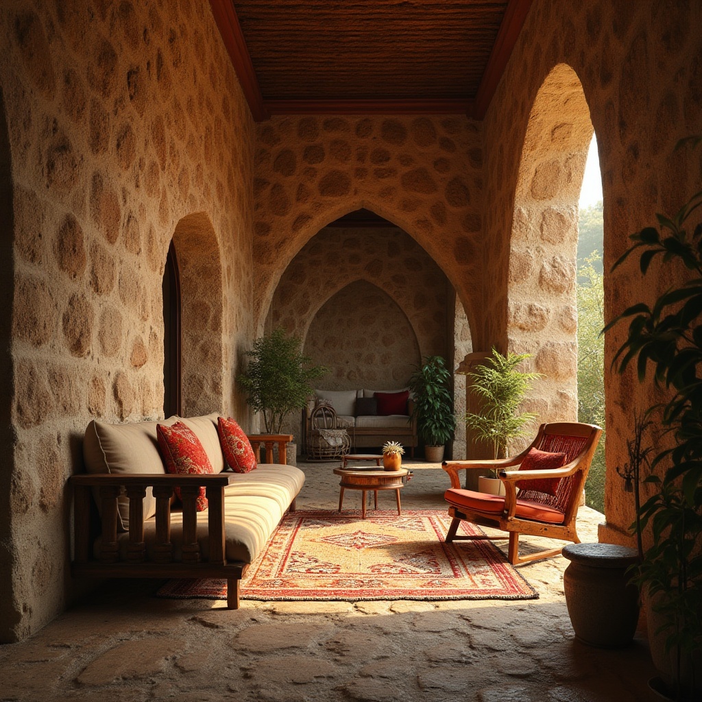 Prompt: Richly textured Chukum walls, earthy tones, natural materials, sustainable design, organic forms, handcrafted details, cultural heritage inspiration, traditional Mayan architecture, rustic wooden accents, vibrant colorful textiles, intricate stonework patterns, warm ambient lighting, shallow depth of field, 1/1 composition, realistic renderings, ambient occlusion.