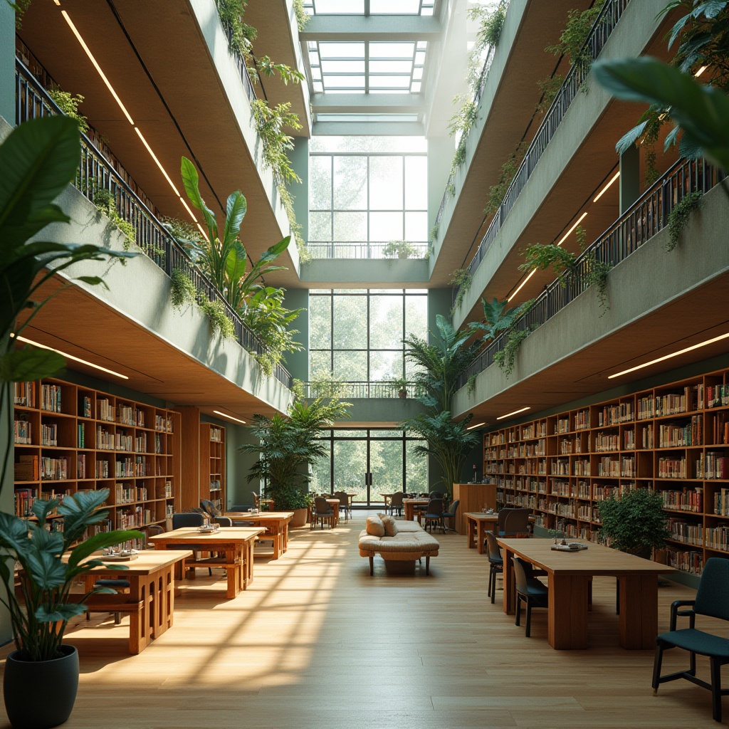 Prompt: Spacious library interior, high ceilings, large windows, natural light, cross ventilation, clerestory windows, atrium design, open floor plan, minimalist decor, bookshelves, reading areas, comfortable seating, wooden floors, earthy tones, green walls, living plants, calming ambiance, soft diffused lighting, 1/1 composition, shallow depth of field, warm color palette, organic textures, ambient occlusion.