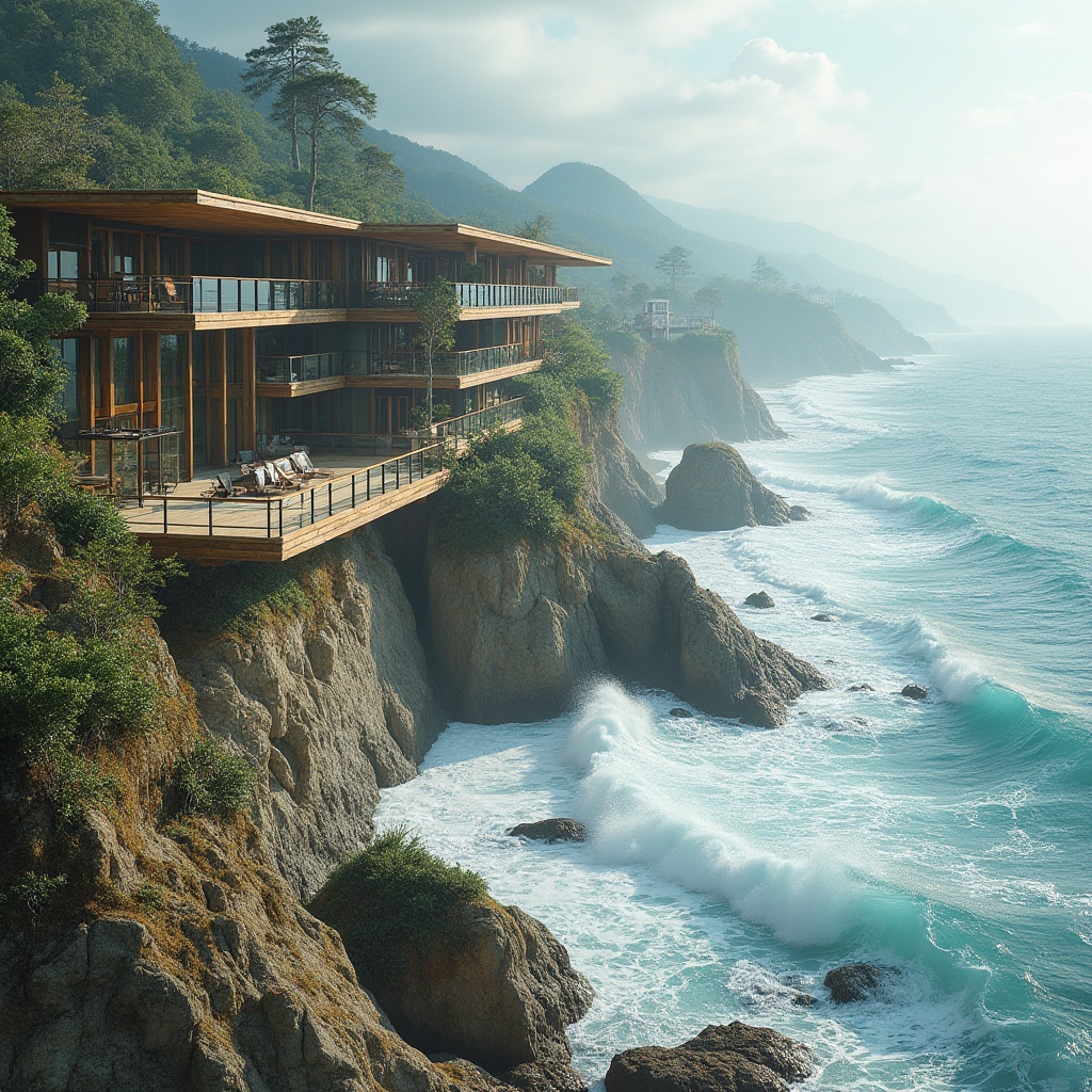 Prompt: Weathered coastal cliffs, crashing ocean waves, sea salt spray, driftwood sculptures, beachside promenade, sustainable building materials, green roofs, wind-resistant structures, flood-adaptive architecture, elevated walkways, cantilevered decks, glass railings, nautical-themed decor, distressed wood accents, calming ocean views, soft natural lighting, shallow depth of field, 2/3 composition, atmospheric perspective, realistic water textures, ambient occlusion.