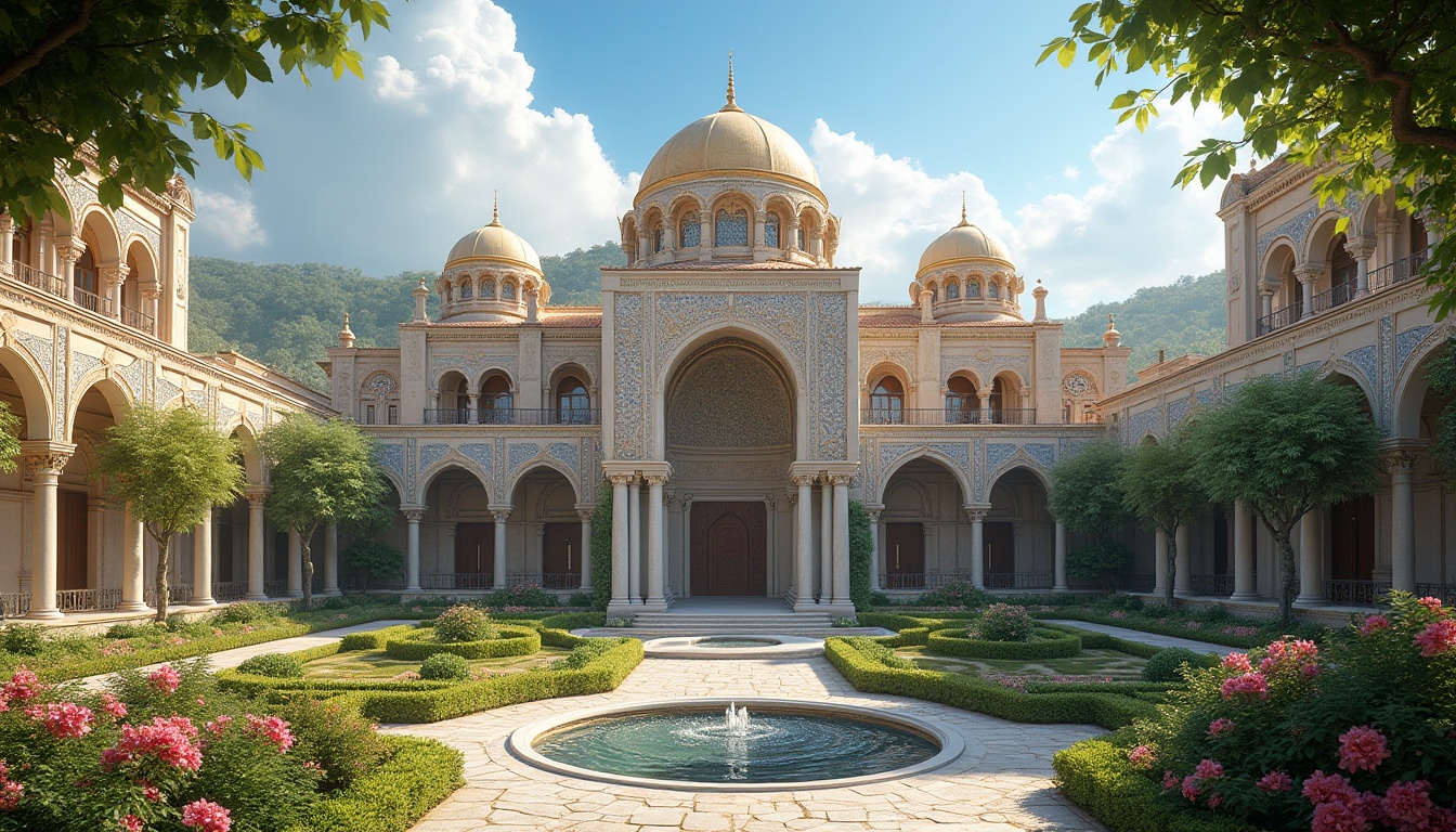 Prompt: \Majestic Byzantine style buildings, ornate stone carvings, golden domes, intricate mosaics, lush green courtyards, serene water features, rustic stone walls, vibrant flower gardens, Mediterranean landscape, clear blue sky, warm sunny day, soft natural lighting, shallow depth of field, 3/4 composition, panoramic view, realistic textures, ambient occlusion.\