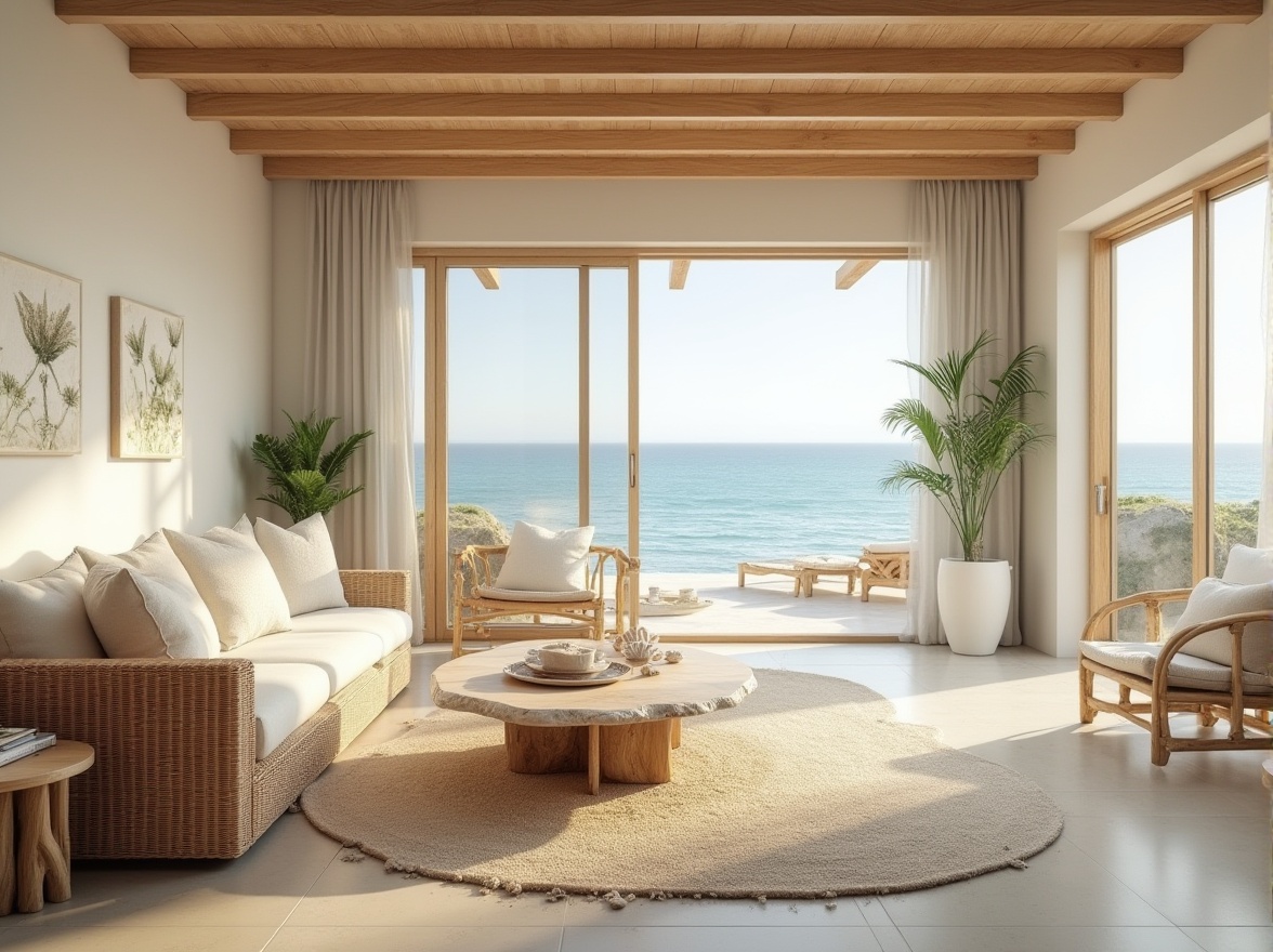 Prompt: Soothing ocean views, calming beachy atmosphere, natural wood accents, woven rattan furniture, soft linen upholstery, creamy white walls, warm beige flooring, shell decorative accessories, driftwood coffee tables, nautical rope details, floor-to-ceiling windows, sliding glass doors, organic shaped rugs, ocean-inspired artwork, serene ambient lighting, 1/1 composition, shallow depth of field, realistic textures, subtle color palette.