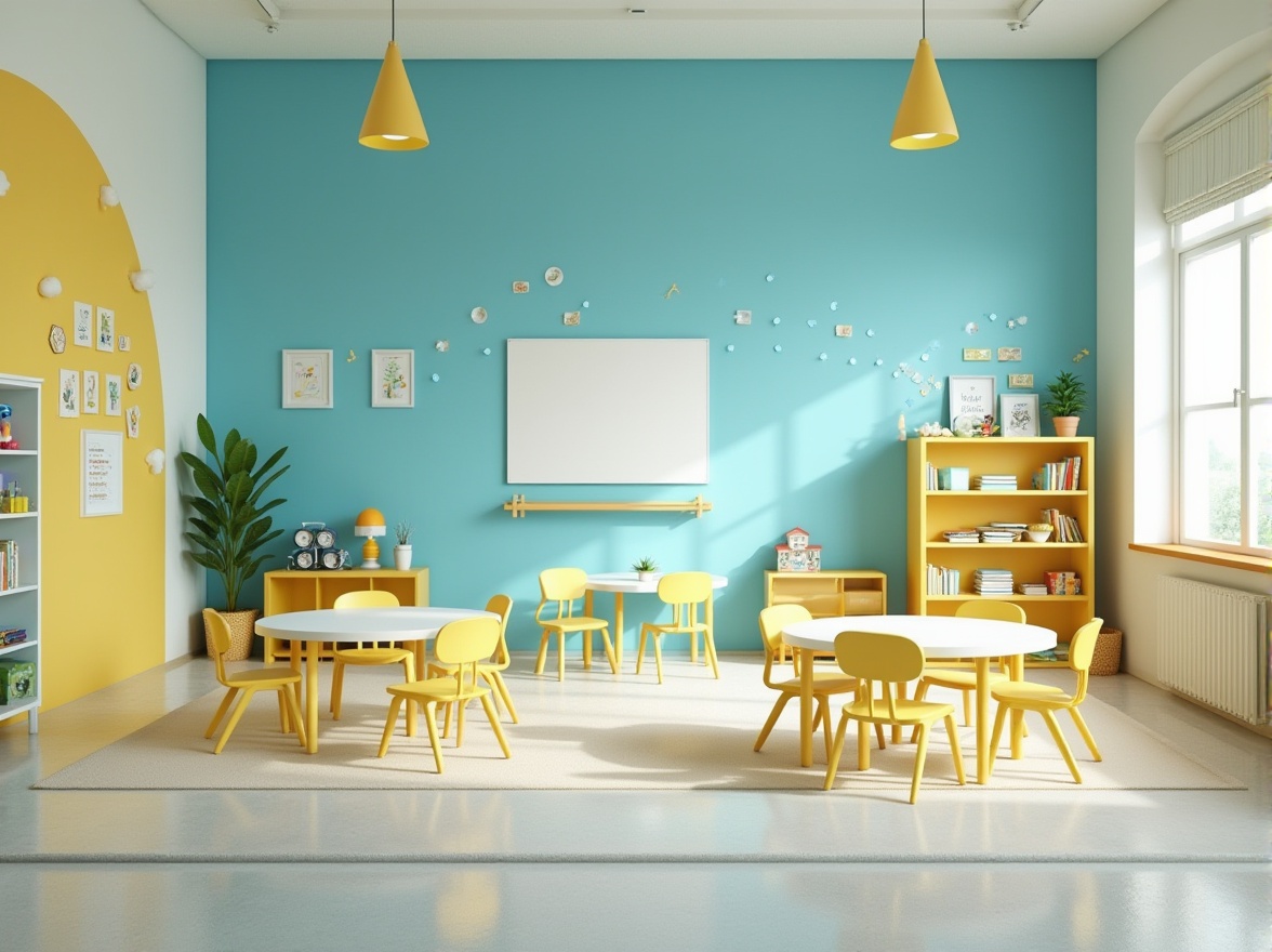 Prompt: Vibrant kindergarten, playful color scheme, bright blue walls, sunny yellow accents, creamy white furniture, educational posters, interactive displays, soft carpet flooring, modern minimalist architecture, circular tables, ergonomic chairs, natural light pouring in, airy atmosphere, shallow depth of field, 3/4 composition, realistic textures, ambient occlusion.