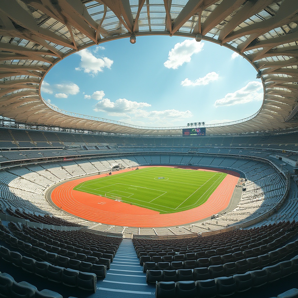 Prompt: Undulating sports stadium, organic curves, dynamic lines, vibrant green turf, athletic tracks, sleek metal bleachers, futuristic lighting systems, cantilevered roofs, transparent glass facades, minimalist seating areas, modern scoreboard displays, abstract geometric patterns, bold color schemes, warm sunny day, dramatic shadows, high-angle view, 1/2 composition, realistic textures, ambient occlusion.