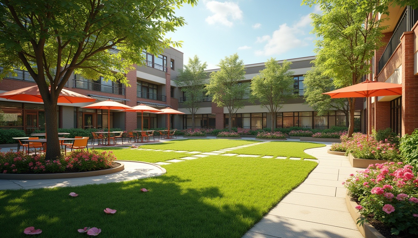 Prompt: Vibrant student courtyard, lush green lawns, blooming flower beds, modern outdoor furniture, colorful umbrellas, educational signage, natural stone pathways, wooden benches, social gathering spaces, sunny afternoon, soft warm lighting, shallow depth of field, 3/4 composition, panoramic view, realistic textures, ambient occlusion.