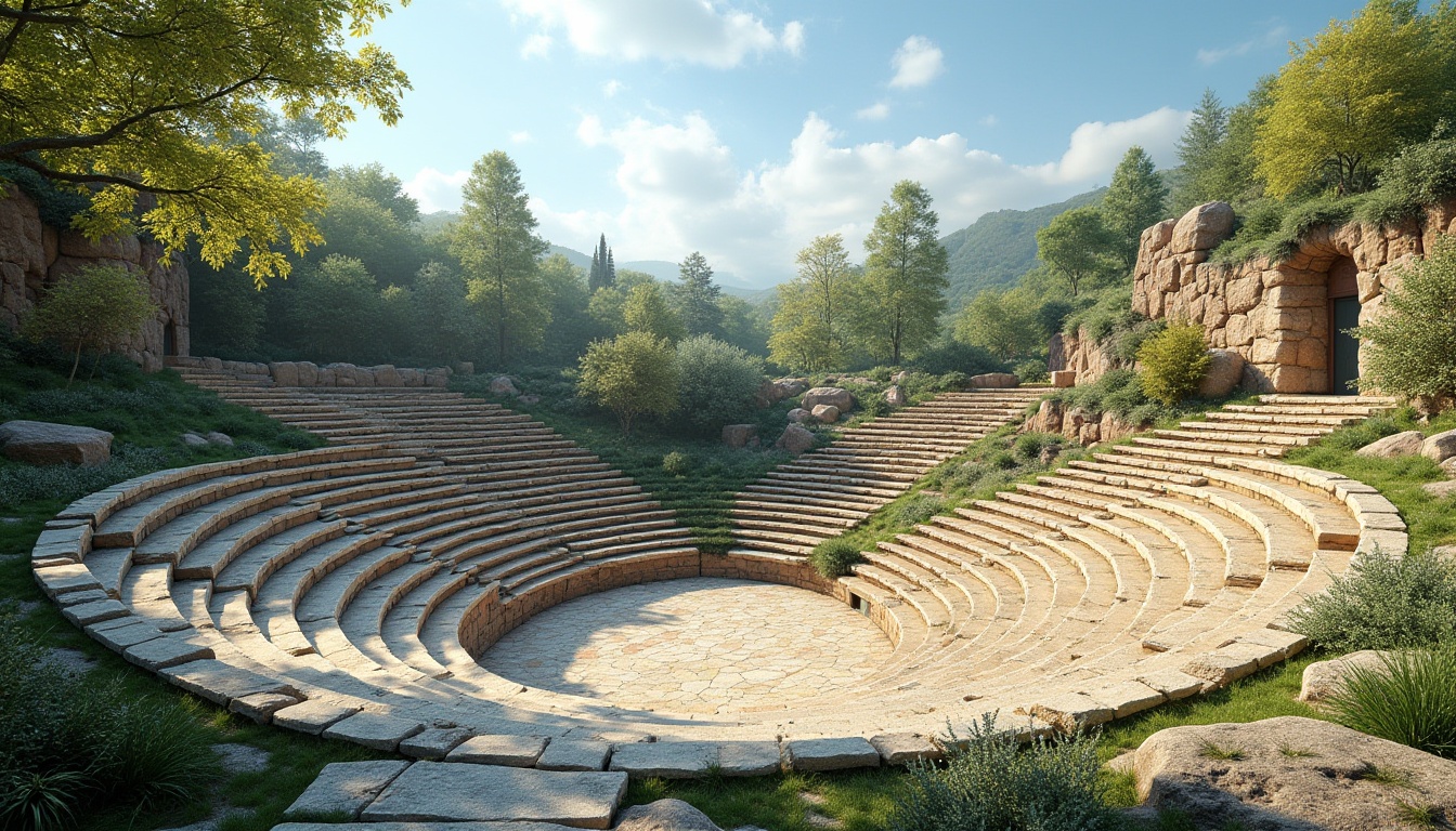 Prompt: Natural stone amphitheater, tiered seating, lush green surroundings, warm sunny day, clear blue sky, gentle breeze, curved architecture, acoustic shell design, sound-reflecting surfaces, strategically placed loudspeakers, optimized speaker placement, echo-reducing materials, reverberation control systems, audience-focused sound distribution, immersive audio experience, 3D audio rendering, panoramic view, shallow depth of field, realistic textures, ambient occlusion.