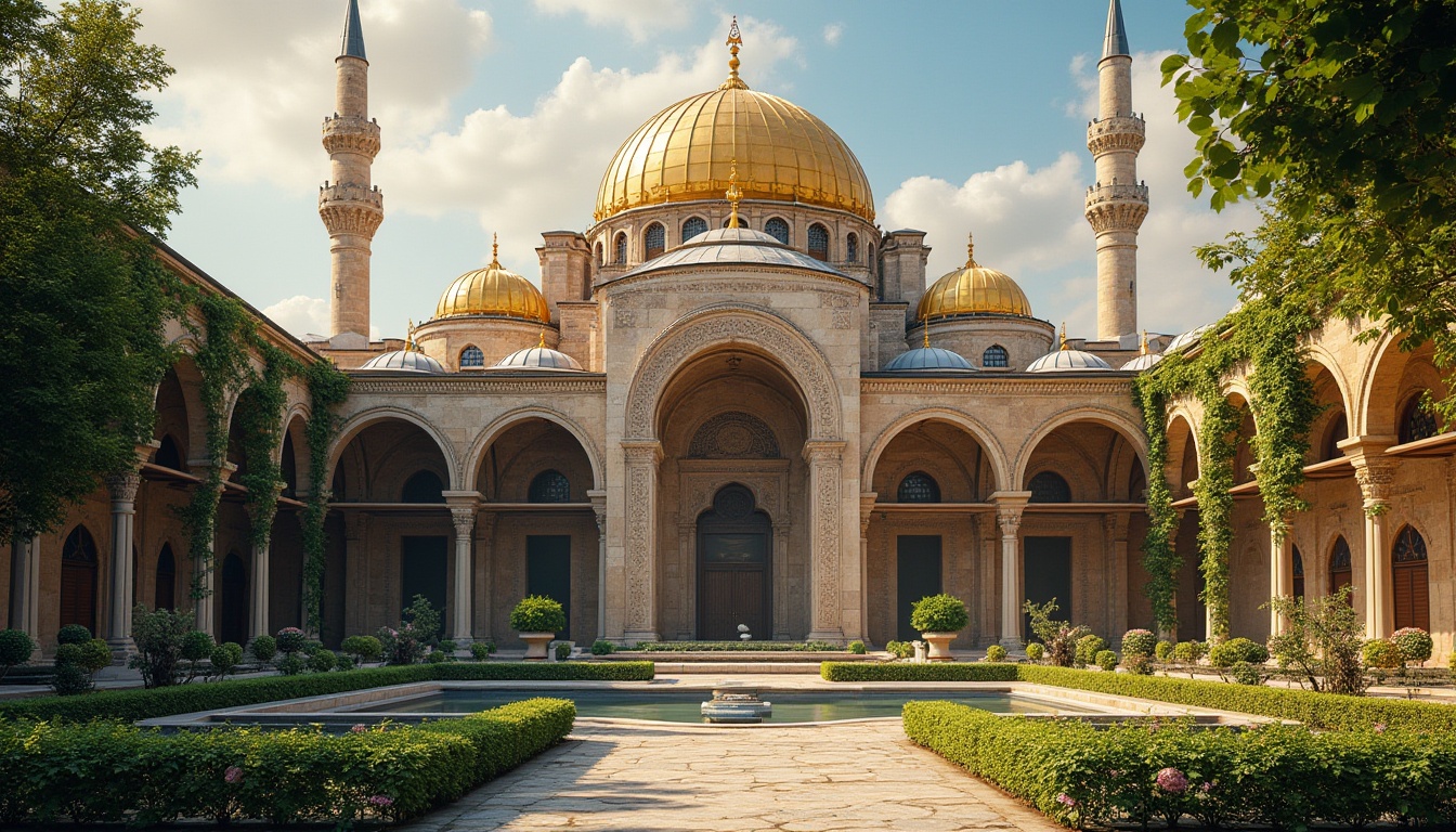 Prompt: Majestic Byzantine architecture, ornate stone carvings, golden domes, intricate mosaics, lush green courtyards, tranquil water features, rustic stone walls, vine-covered arbors, majestic archways, grand entrance gates, vibrant flower arrangements, sunny Mediterranean climate, warm ambient lighting, soft focus, atmospheric perspective, 1/2 composition, symmetrical framing, high-contrast textures, subtle depth cues.