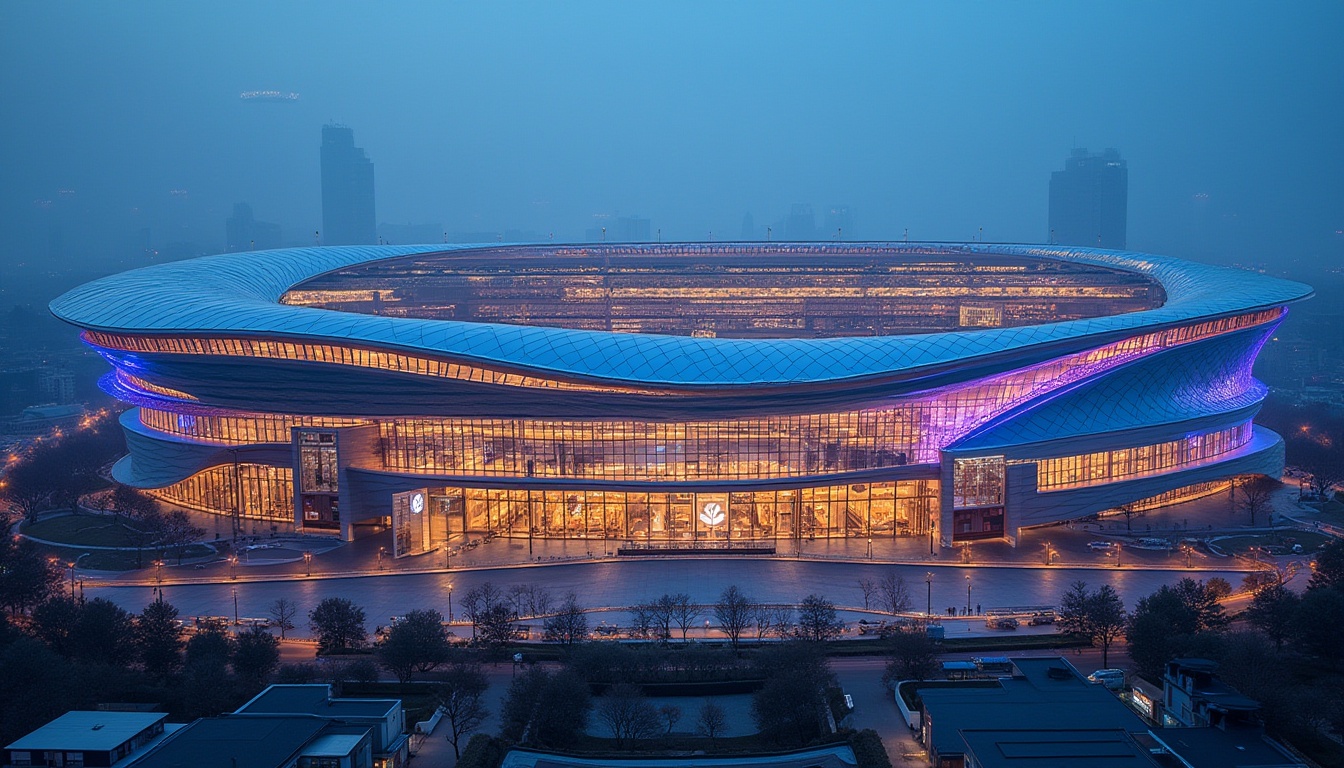 Prompt: Modern stadium facade, international style architecture, curved lines, dynamic shapes, transparent glass walls, cantilevered roofs, sleek metal cladding, LED lighting systems, vibrant color schemes, imposing scale, urban landscape, bustling city atmosphere, evening ambiance, dramatic spotlights, shallow depth of field, 1/2 composition, panoramic view, realistic textures, ambient occlusion.