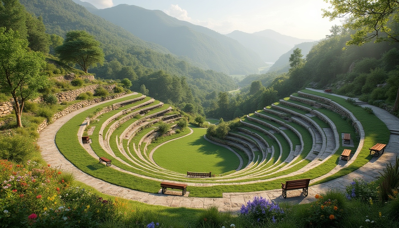 Prompt: Curved amphitheater seating, lush green hillsides, meandering walking paths, natural stone retaining walls, blended landscape edges, tiered lawn areas, vibrant wildflowers, rustic wooden benches, scenic overlooks, panoramic views, warm sunny day, soft diffused lighting, atmospheric misting, 1/2 composition, asymmetrical balance, organic shapes, earthy color palette, sustainable landscaping practices, native plant species, erosion control systems, rainwater harvesting, permeable pavement materials.