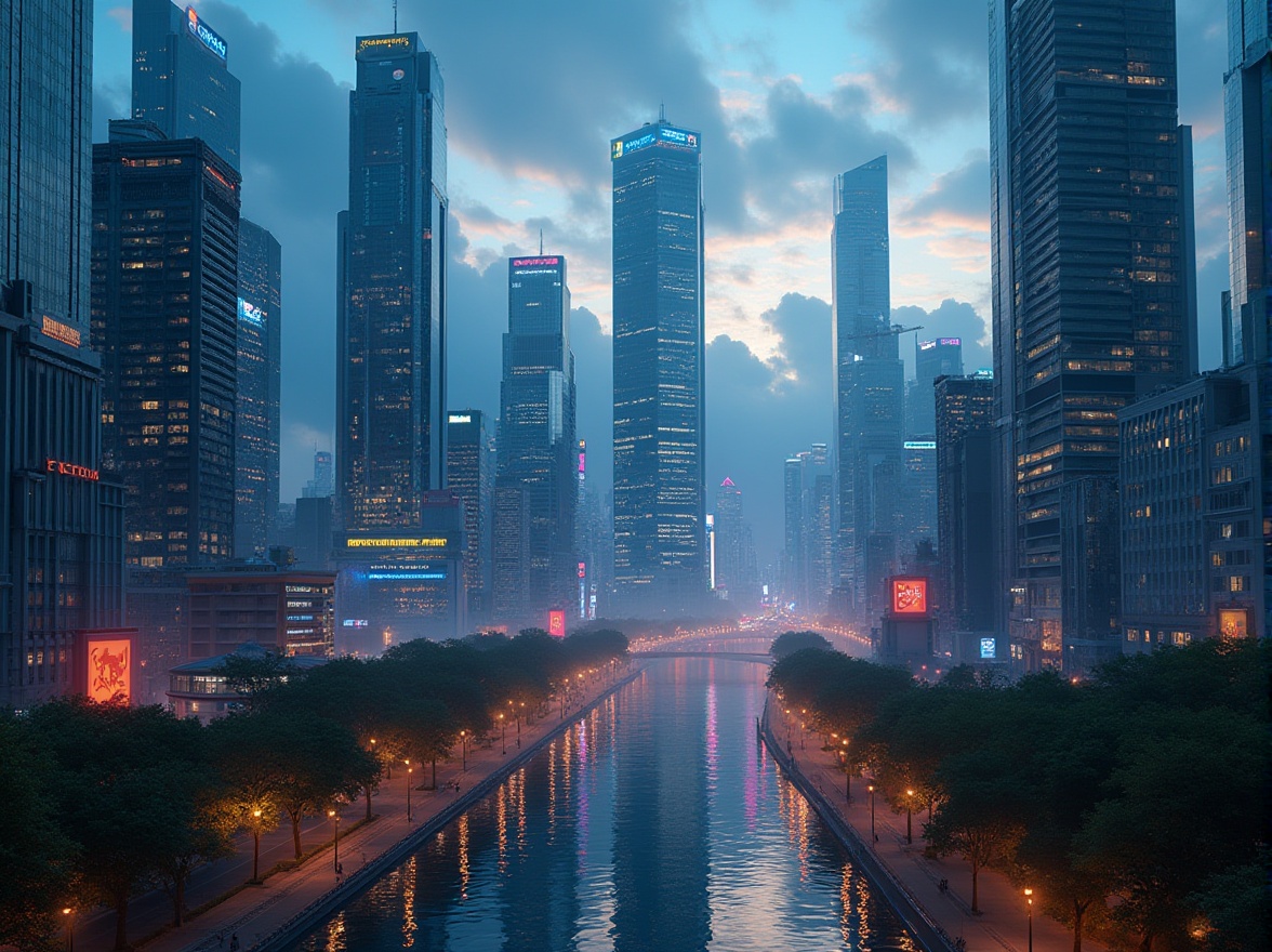 Prompt: Urban cityscape, towering skyscrapers, sleek glass facades, metallic structures, modern architecture, bustling streets, pedestrian pathways, vibrant neon lights, nighttime scenes, dramatic cloud formations, misty atmospheric effects, cinematic lighting, shallow depth of field, 2/3 composition, symmetrical framing, realistic reflections, ambient occlusion.