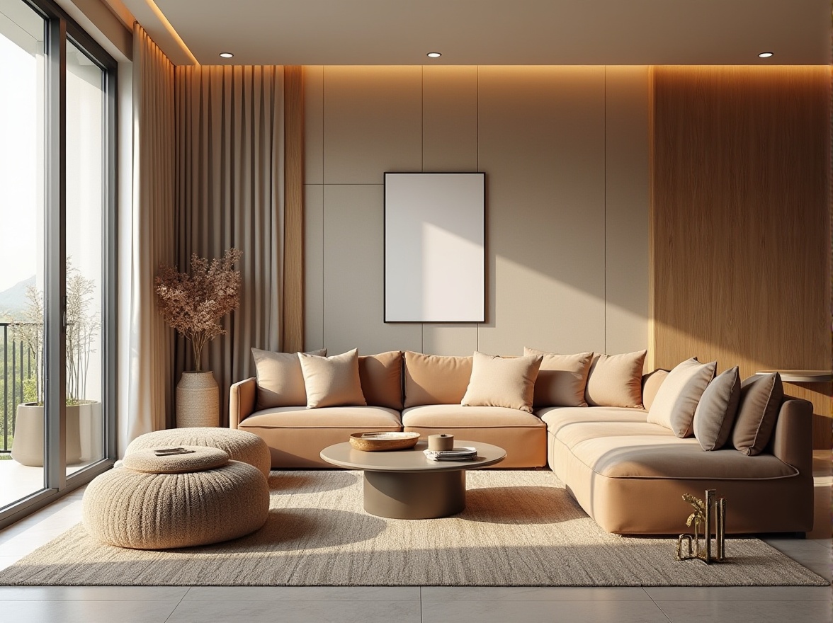 Prompt: Luxurious living room, plush velvet sofa, soft cushions, elegant drapes, subtle sheen fabrics, rich wood accents, warm beige tones, inviting atmosphere, natural daylight, floor-to-ceiling windows, minimalist decor, sleek lines, comfortable seating, textured throw blankets, statement piece artwork, ambient lighting, 1/1 composition, realistic materials, soft focus blur.