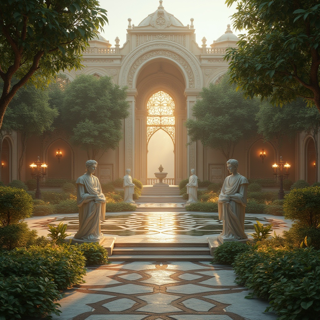 Prompt: Serenely landscaped courtyard, intricately patterned walkways, lush greenery, tranquil water features, spiritual statues, ornate fountains, sacred geometry, grand arches, majestic domes, vibrant stained glass, devotional candles, peaceful ambiance, warm golden lighting, soft focus effect, 1/2 composition, symmetrical framing, highly detailed textures, realistic atmospheric effects, misty morning atmosphere.