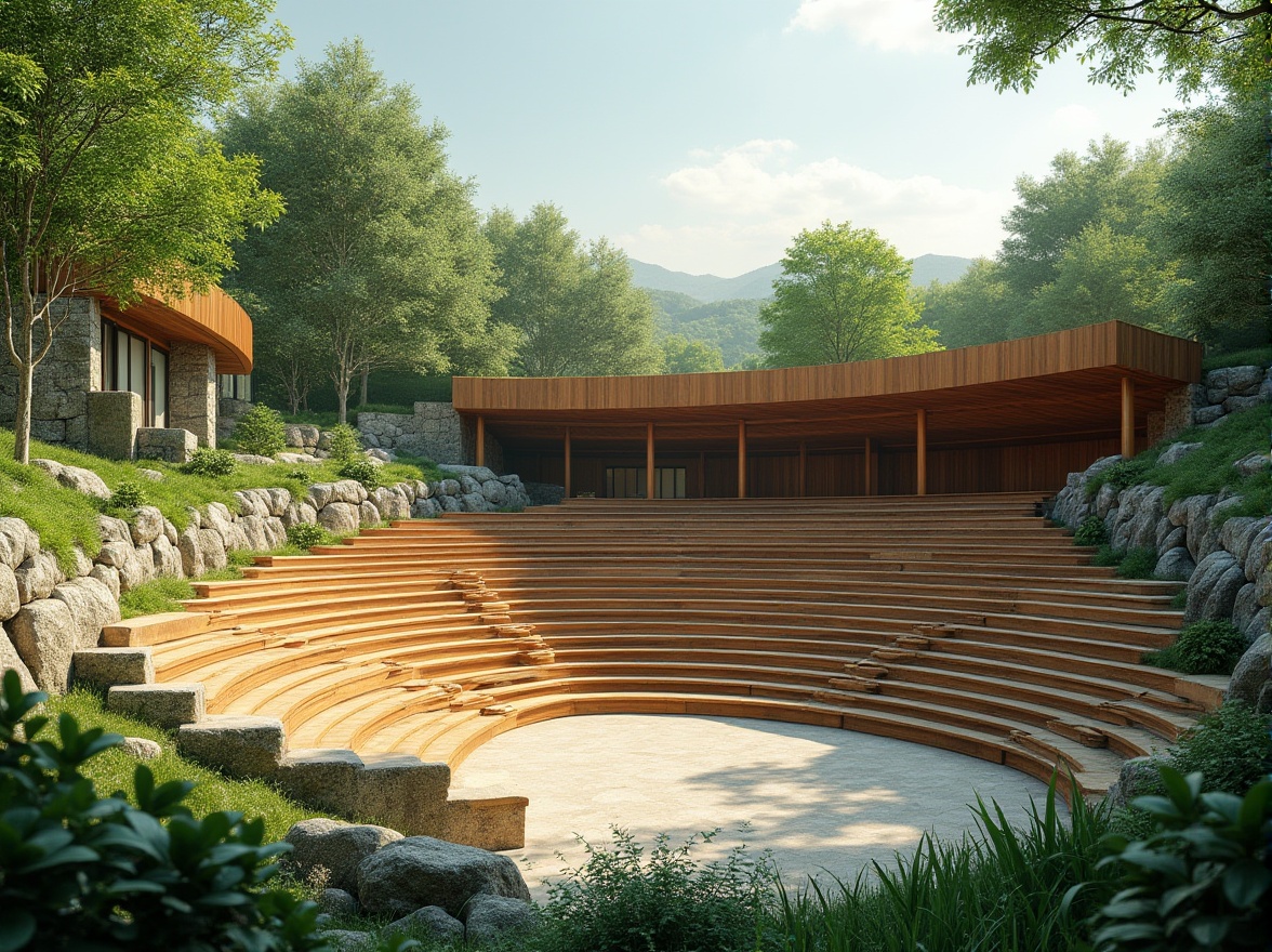 Prompt: Natural amphitheater setting, lush green surroundings, tiered seating, curved architecture, warm wood accents, stone walls, open sky, sunny day, soft diffused lighting, subtle shadows, 3/4 composition, panoramic view, realistic textures, ambient occlusion, optimal sound reflection, precise echo control, clear vocal clarity, even sound distribution, minimal reverberation time, effective noise reduction, advanced audio technology integration, acoustic paneling, sound-absorbing materials.