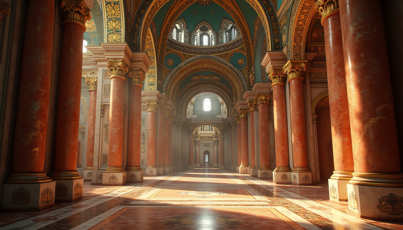 Prompt: Opulent Byzantine cathedral, rich gold accents, intricate mosaics, vibrant turquoise domes, warm terracotta stone, ornate marble columns, lavish velvet drapes, mystical iconography, subtle fresco textures, soft warm lighting, dramatic chiaroscuro, atmospheric perspective, 1/2 composition, symmetrical balance, realistic reflections, ambient occlusion.