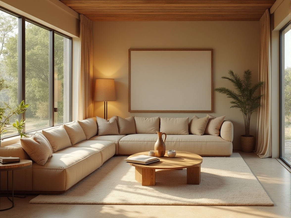 Prompt: Cozy living room, warm beige walls, plush velvet sofas, rustic wooden coffee tables, vintage metal lamps, soft cream-colored carpets, large windows with natural light, greenery views, minimal ornamentation, modern minimalist decor, neutral color palette, comfortable seating areas, intimate ambiance, warm lighting, shallow depth of field, 1/1 composition, realistic textures, ambient occlusion.