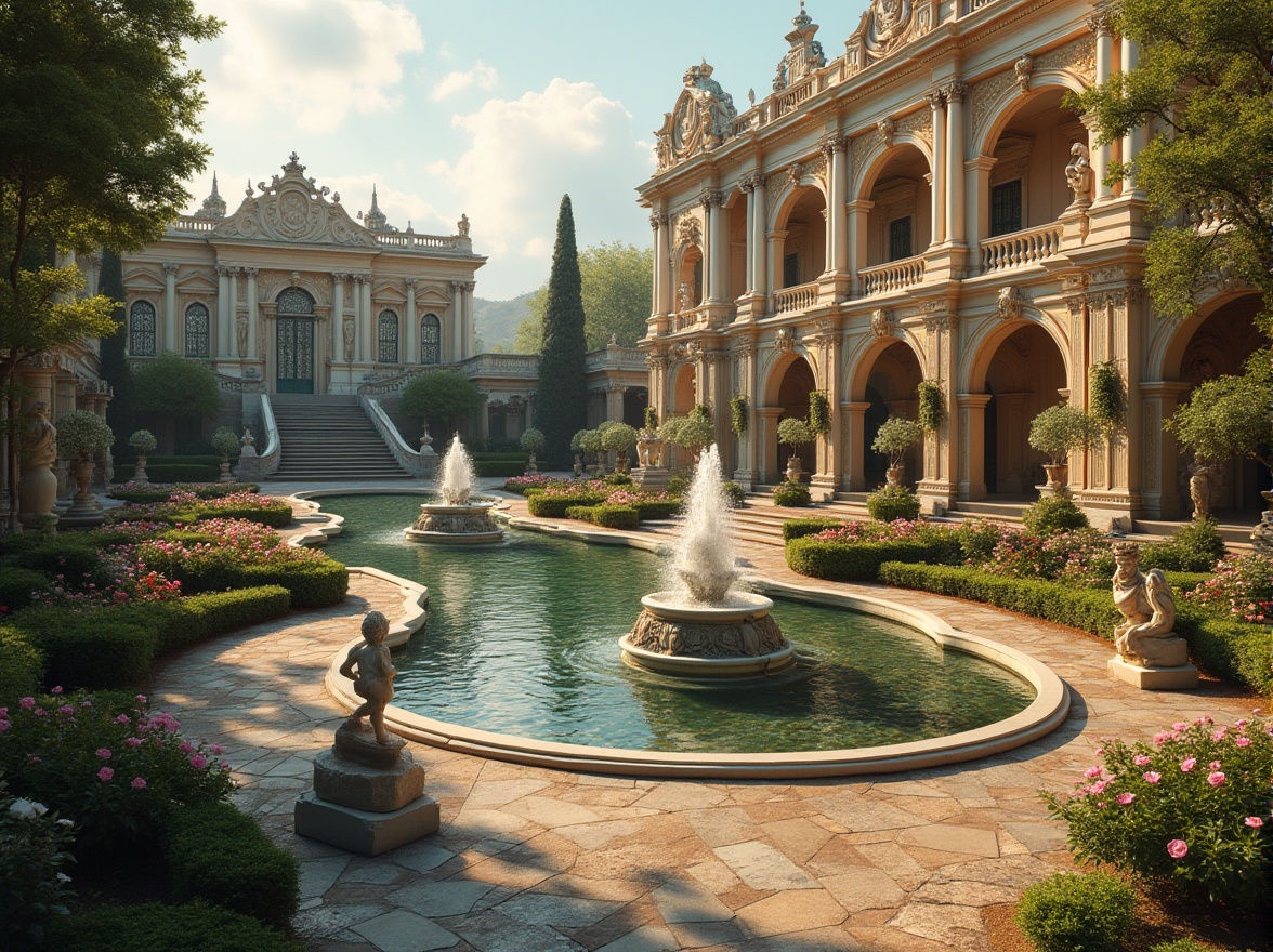 Prompt: Ornate Baroque palace, lush gardens, grand fountains, curved staircases, ornamental statues, intricate stone carvings, vibrant flower arrangements, soft natural lighting, warm golden hues, shallow depth of field, 3/4 composition, sweeping curves, dramatic arches, symmetrical layout, rustic stone pathways, tranquil water features, majestic trees, sunny afternoon, ambient occlusion.