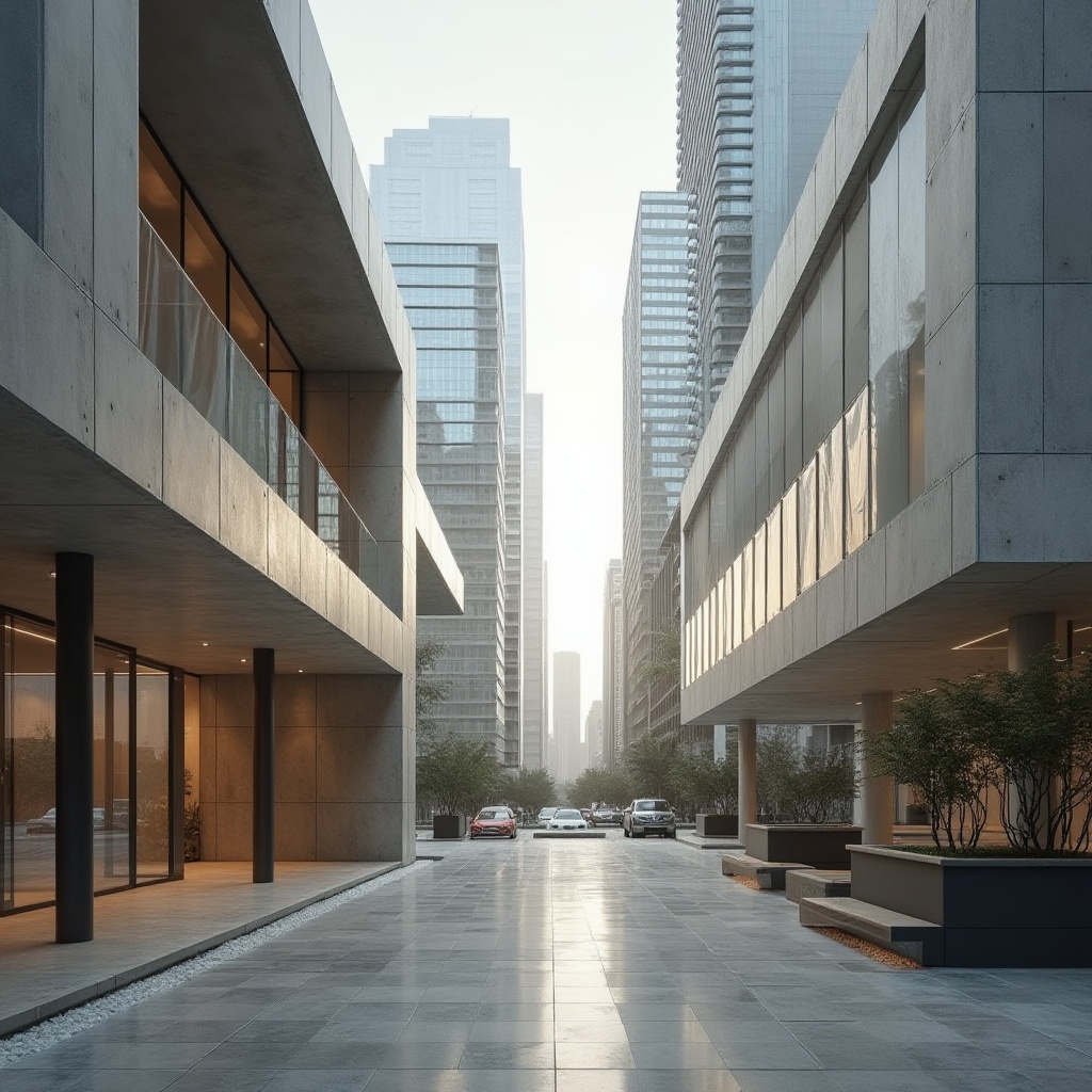 Prompt: Sleek modern architecture, urban cityscape, neutral color scheme, monochromatic tones, industrial materials, exposed concrete walls, metallic accents, glass facades, minimalist decor, subtle texture contrasts, soft natural light, warm ambient glow, shallow depth of field, 2/3 composition, symmetrical framing, realistic reflections, high-rise buildings, contemporary design elements.