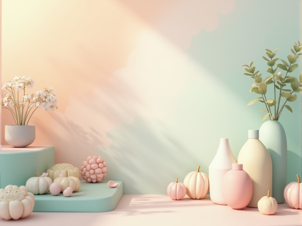 Prompt: Pastel color scheme, soft peach tones, calming mint greens, creamy whites, warm beige accents, gentle lavender hues, soothing blue-grays, natural earthy undertones, subtle texture overlays, minimalist design elements, elegant typography, serene atmosphere, abundant negative space, harmonious balance, 1/1 composition, warm soft lighting, shallow depth of field.