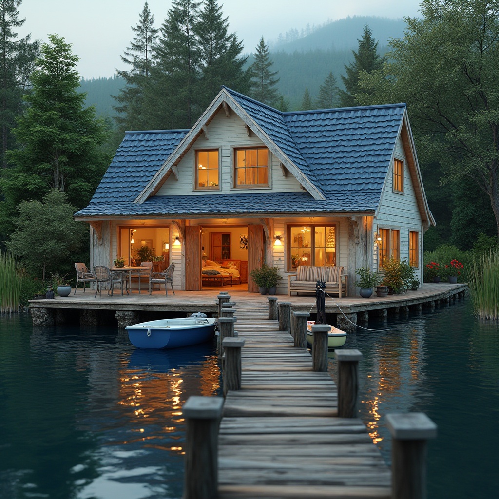 Prompt: Waterfront boathouse, rustic wooden docks, serene lake views, calm waters, lush greenery, vibrant nautical colors, navy blue accents, creamy white trim, warm beige walls, rich wood tones, natural textures, cozy interior lighting, soft warm ambiance, shallow depth of field, 3/4 composition, realistic reflections, ambient occlusion.