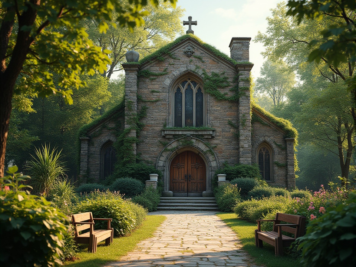 Prompt: Historic church, rustic stone fa\u00e7ade, stained glass windows, verdant surroundings, dense foliage, natural blend, earthy tones, weathered wooden doors, ivy-covered walls, mossy rooftops, serene atmosphere, soft diffused lighting, warm afternoon sun, dappled shade, tranquil ambiance, organic integration, seamless transition, harmonious coexistence, ancient architecture, modern minimalist landscaping, meandering pathways, lush greenery, vibrant flowers, subtle color palette, rustic benches, natural stone pavement, aged copper accents, ornate details, peaceful surroundings.