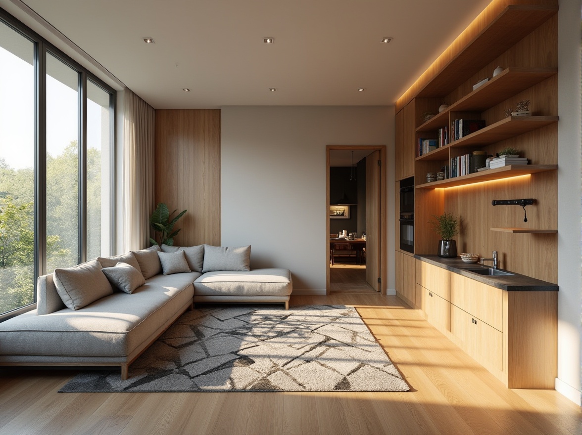 Prompt: Minimalist living room, sleek wooden floors, modern sectional sofa, floor-to-ceiling windows, natural light, cozy reading nook, built-in bookshelves, geometric-patterned rug, functional layout, efficient storage solutions, compact kitchenette, breakfast bar, pendant lighting, warm color scheme, subtle textures, shallow depth of field, 1/1 composition, realistic rendering.