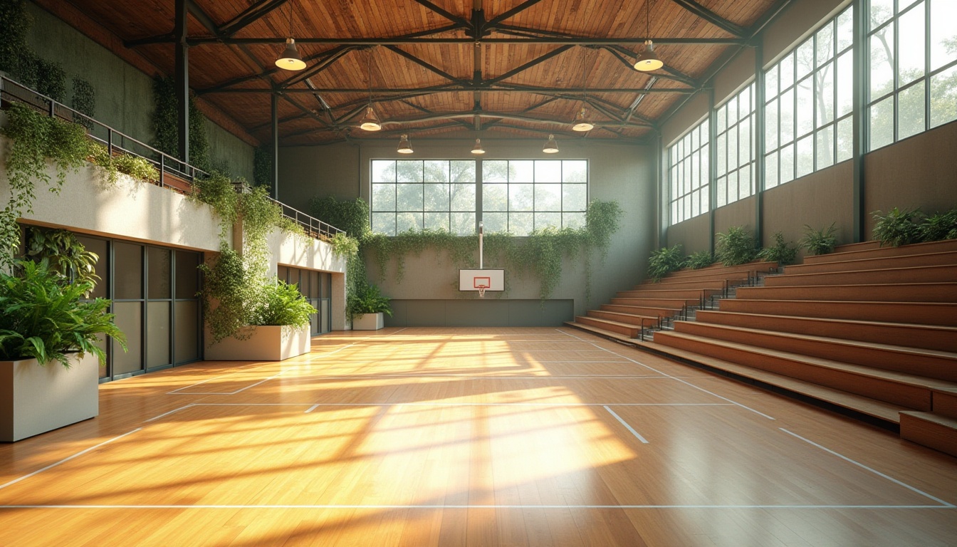 Prompt: Vibrant gymnasium interior, natural light pouring in, polished wooden floors, eco-friendly rubber flooring, minimalist athletic equipment, sleek metal beams, energy-efficient LED lighting, recycled plastic bleachers, living green walls, air-purifying plants, modern ventilation systems, comfortable acoustic panels, warm earthy tones, abundant natural textures, shallow depth of field, 3/4 composition, realistic renderings, ambient occlusion.