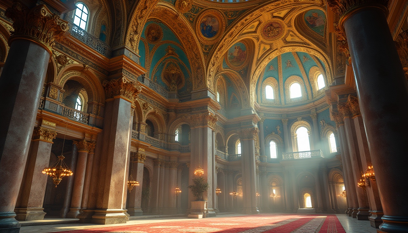 Prompt: Byzantine architecture, golden domes, intricate mosaics, vibrant turquoise, rich crimson, warm beige, ornate frescoes, gilded icons, lavish ornamentation, marble columns, ornamental archways, grandiose vaulted ceilings, dramatic lighting effects, mysterious shadows, atmospheric mist, shallow depth of field, 2/3 composition, cinematic view, realistic textures, ambient occlusion.