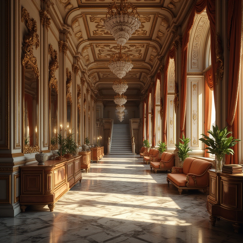 Prompt: Ornate school corridors, grand staircases, marble floors, intricately carved wooden panels, gilded frames, crystal chandeliers, luxurious velvet drapes, ornamental mirrors, Baroque-inspired furniture, curved lines, golden accents, rich textures, warm soft lighting, dramatic shadows, high ceilings, frescoed walls, decorative moldings, opulent fabrics, regal color schemes, lavish ornamentation, symmetrical compositions, classical proportions, intricate patterns, majestic atmosphere.