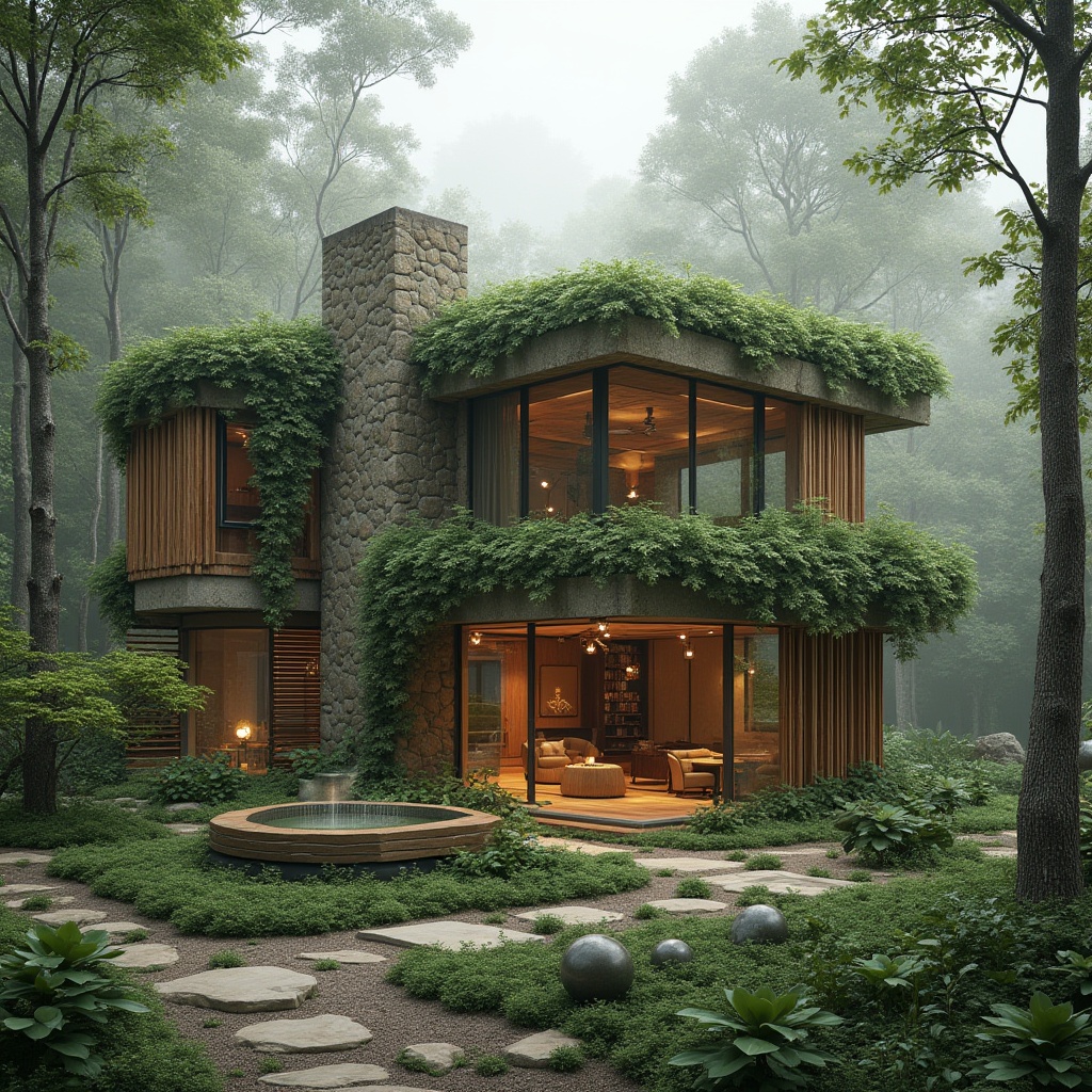 Prompt: Earthy tones, organic forms, botanical inspirations, vine-covered walls, trellis details, natural stone cladding, reclaimed wood accents, living green roofs, rainwater harvesting systems, passive solar design, energy-efficient solutions, biophilic architecture, seamless indoor-outdoor transitions, floor-to-ceiling windows, sliding glass doors, lush vegetation, forest surroundings, misty atmosphere, soft diffused lighting, 1/1 composition, realistic textures, ambient occlusion.