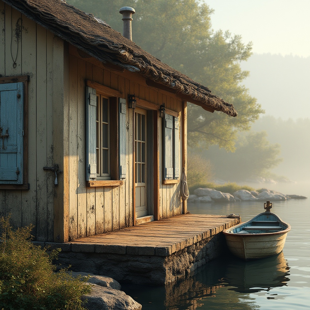 Prompt: Rustic boathouse, weathered wood textures, nautical ropes, distressed metal accents, warm beige walls, soft blue shutters, creamy white trim, earthy brown floors, natural stone foundations, serene lake views, lush greenery, misty morning atmosphere, soft golden lighting, shallow depth of field, 1/2 composition, realistic reflections, ambient occlusion.Let me know if this meets your requirements!