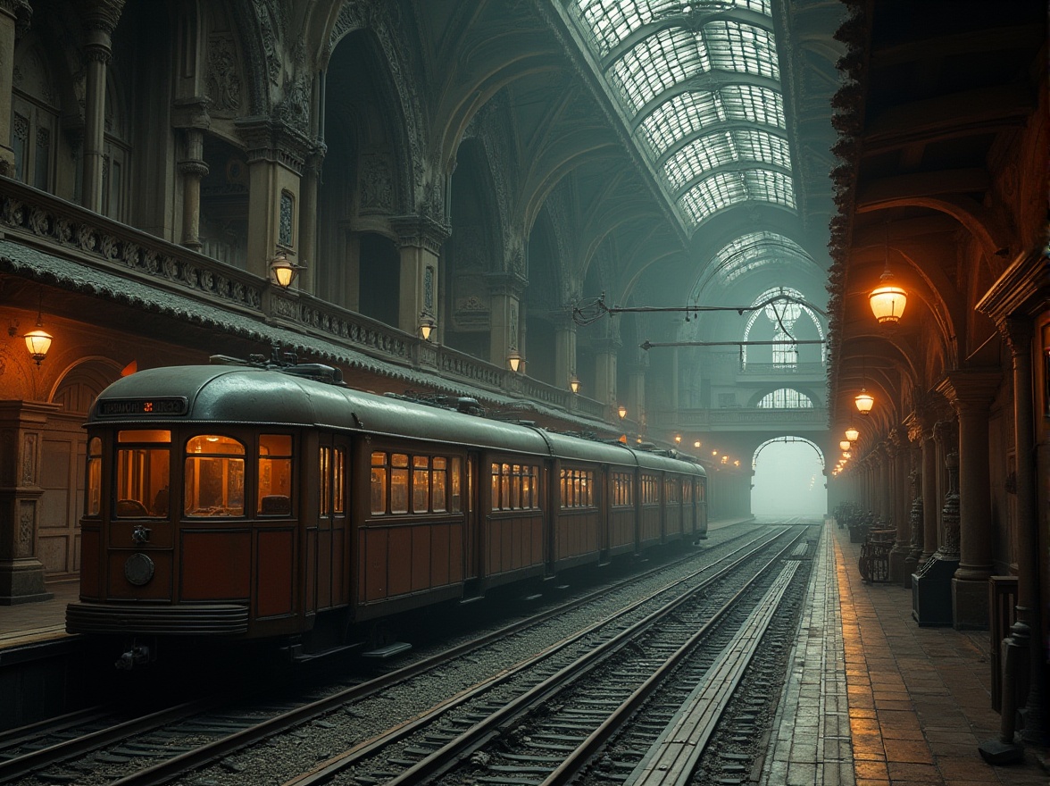 Prompt: Intricate tram station, grandiose Gothic architecture, ornate stone carvings, ribbed vaulted ceilings, pointed arches, stained glass windows, intricate tracery, mystical gargoyles, weathered bronze doors, rusty metal accents, dimly lit platforms, vintage train cars, atmospheric fog, moody warm lighting, dramatic shadows, 1/1 composition, cinematic camera angles, high-contrast textures, ambient occlusion.