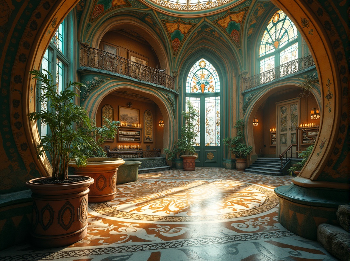 Prompt: Ornate Art Nouveau exhibition center, flowing organic lines, sinuous curves, vibrant turquoise accents, decorative ironwork, stained glass windows, grand entrance archways, intricately patterned floors, ornamental railings, lush greenery, natural stone walls, dramatic spotlights, warm golden lighting, shallow depth of field, 1/1 composition, symmetrical framing, realistic textures, ambient occlusion.