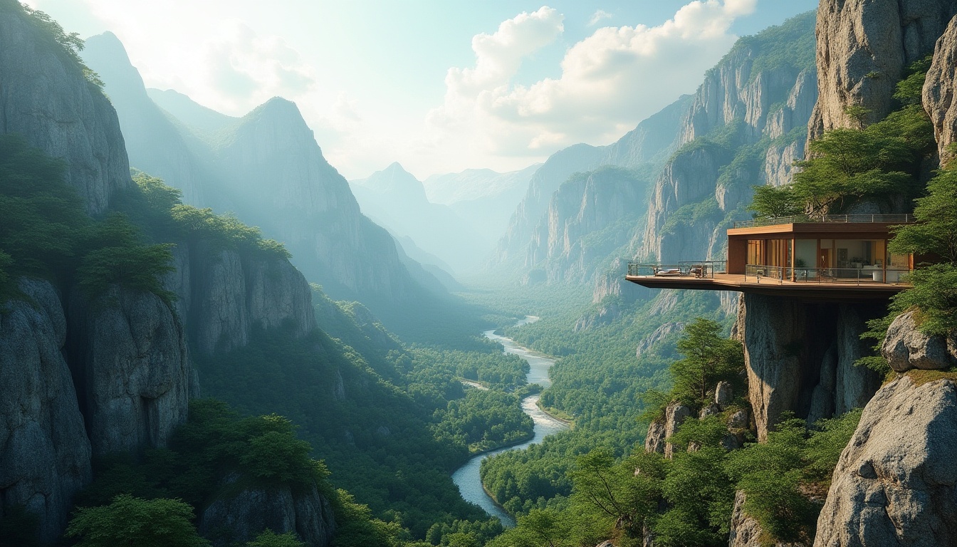 Prompt: Scenic mountainous backdrop, lush green forests, meandering rivers, rugged rock formations, modern architectural integration, sleek glass facades, minimalist design, natural stone walls, cantilevered structures, elevated walkways, observation decks, panoramic views, dramatic topography, misty atmosphere, warm sunlight, soft shadows, 3/4 composition, realistic textures, ambient occlusion.