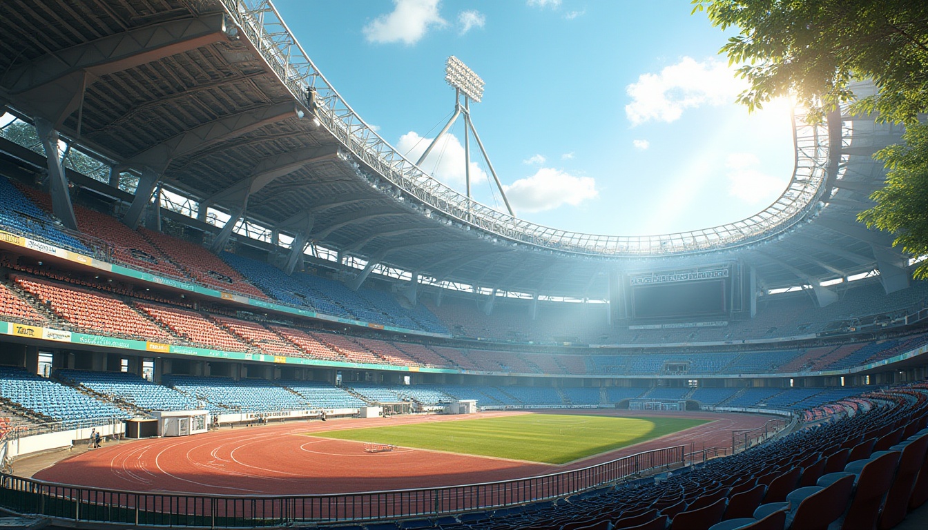 Prompt: Grandstand seating, curved rooflines, reinforced concrete columns, steel beams, cantilevered upper decks, vibrant colored seats, dynamic LED lighting, transparent glass facades, angular support structures, modernist design elements, asymmetrical compositions, elevated walkways, panoramic views, atmospheric misting systems, lush greenery surroundings, sunny day, high-contrast shading, 3/4 composition, realistic textures, ambient occlusion.