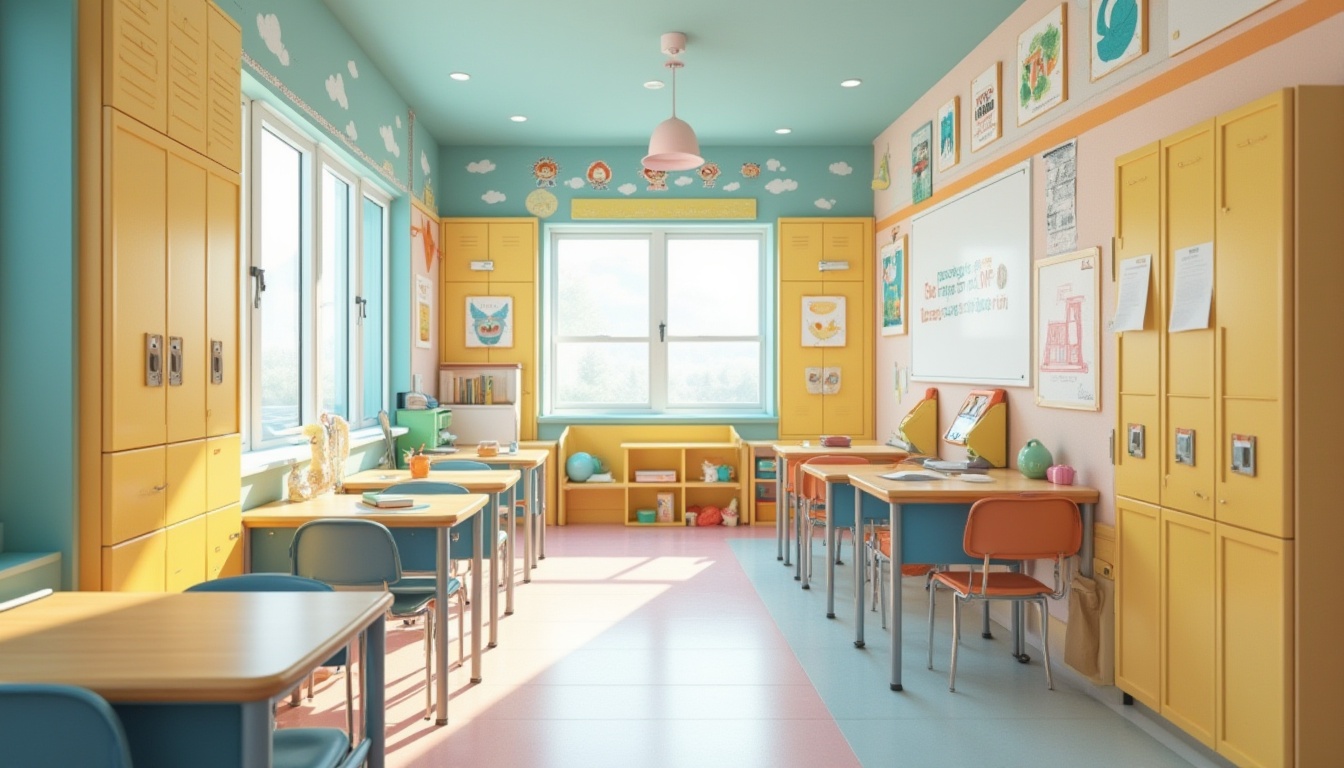 Prompt: Vibrant elementary school, playful kindergarten, bright corridors, colorful lockers, educational murals, inspirational quotes, cheerful classrooms, collaborative workspaces, interactive whiteboards, ergonomic furniture, rounded edges, soft pastel hues, calming blues, energetic yellows, stimulating oranges, warm beige accents, natural wood tones, lively patterns, geometric shapes, abstract textures, indirect lighting, soft shadows, shallow depth of field, 1/1 composition, realistic renderings.