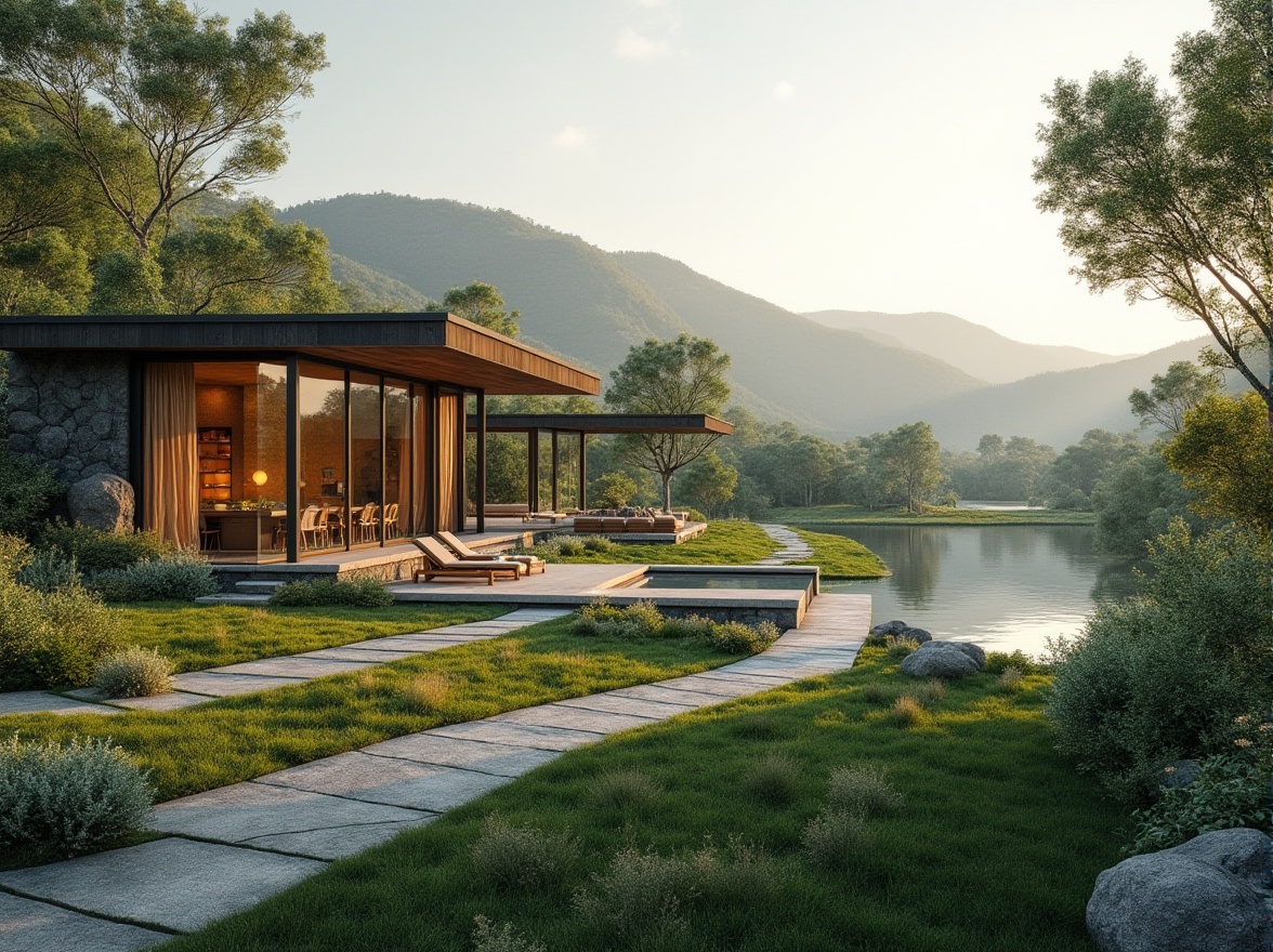 Prompt: Harmonious landscape integration, rolling hills, lush greenery, serene water features, walking trails, outdoor seating areas, modern architecture, large windows, sliding glass doors, minimalist design, natural stone walls, wooden accents, ambient lighting, warm color palette, shallow depth of field, 3/4 composition, panoramic view, realistic textures, subtle atmospheric effects.