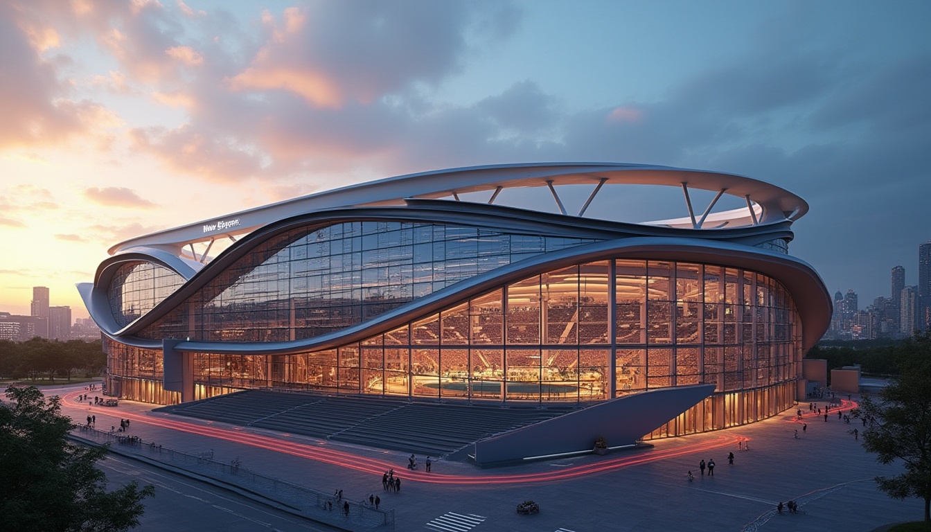 Prompt: Sleek stadium facade, dynamic curvaceous lines, futuristic LED lighting, transparent glass panels, polished metal accents, angular geometric shapes, minimalist seating areas, modernist architecture, cantilevered rooflines, open-air concourses, urban cityscape backdrop, evening ambiance, warm golden lighting, shallow depth of field, 1/2 composition, realistic reflections, ambient occlusion.