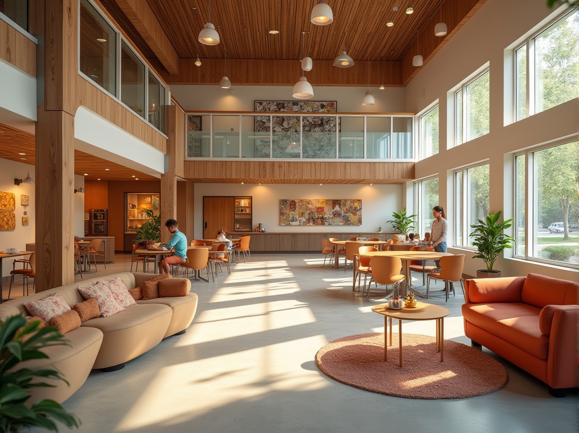 Prompt: Vibrant community center, open floor plan, natural light pouring in, wooden accents, comfortable seating areas, collaborative workspaces, interactive exhibits, engaging art installations, warm color schemes, acoustic panels, minimalist decor, flexible furniture arrangements, cozy reading nooks, communal kitchen facilities, educational resource centers, inclusive accessibility features, soft warm lighting, shallow depth of field, 1/1 composition, realistic textures, ambient occlusion.