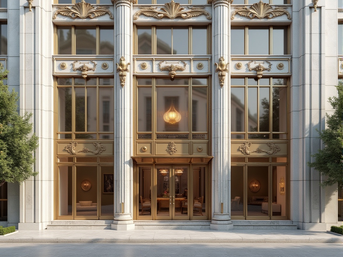 Prompt: Elegant building facade, ornate decorations, neutral color palette, subtle texture variations, vertical emphasis, symmetrical composition, grand entrance, luxurious materials, marble cladding, bronze accents, floor-to-ceiling windows, minimal ornamentation, clean lines, modern simplicity, urban cityscape, sunny day, soft warm lighting, shallow depth of field, 3/4 composition, realistic textures, ambient occlusion.