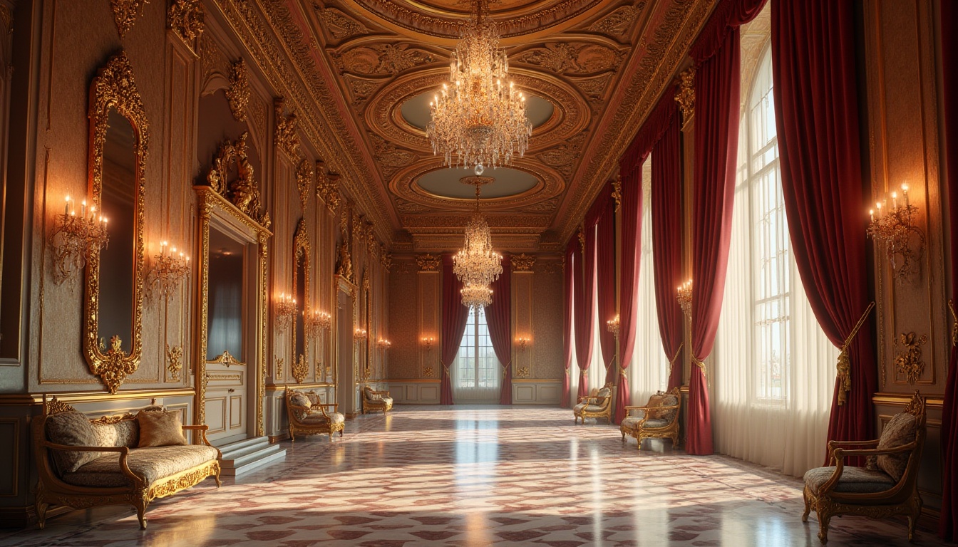 Prompt: Luxurious palace interior, grandiose chandeliers, ornate mirrors, velvet drapes, gilded furnishings, intricately carved wooden panels, marble floors, high ceilings, dramatic staircases, opulent textiles, rich jewel tones, golden accents, lavish decorations, symmetrical compositions, soft warm lighting, shallow depth of field, 3/4 composition, realistic textures, ambient occlusion.