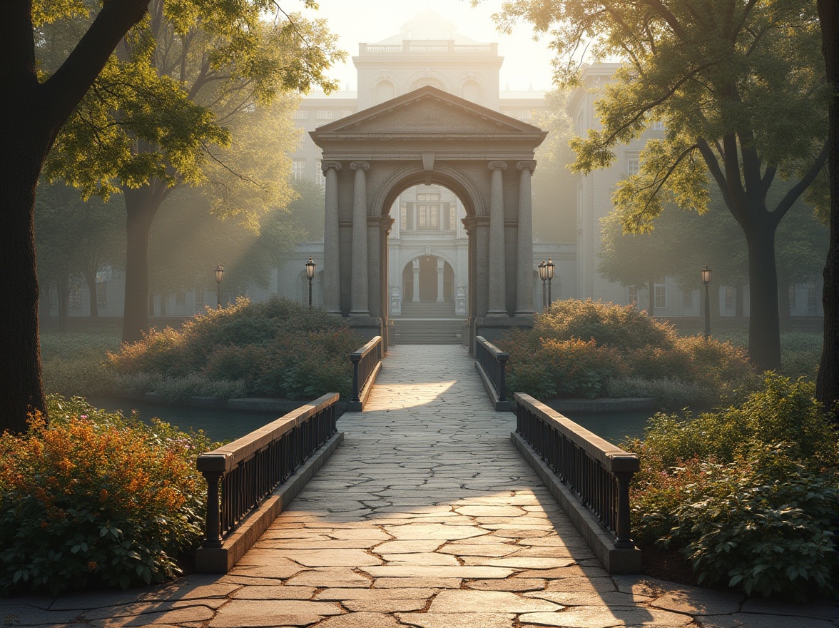 Prompt: Elegant arch bridge, classical stone pillars, ornate metal railings, pedestrian walkways, academic institution backdrop, lush greenery surroundings, vibrant flowers, gentle water flow, serene atmosphere, soft warm lighting, shallow depth of field, 3/4 composition, symmetrical architecture, grand entrance, intricate stonework, rusticated columns, decorative cornices, subtle arches, natural stone textures, earthy color palette, misty morning, panoramic view.